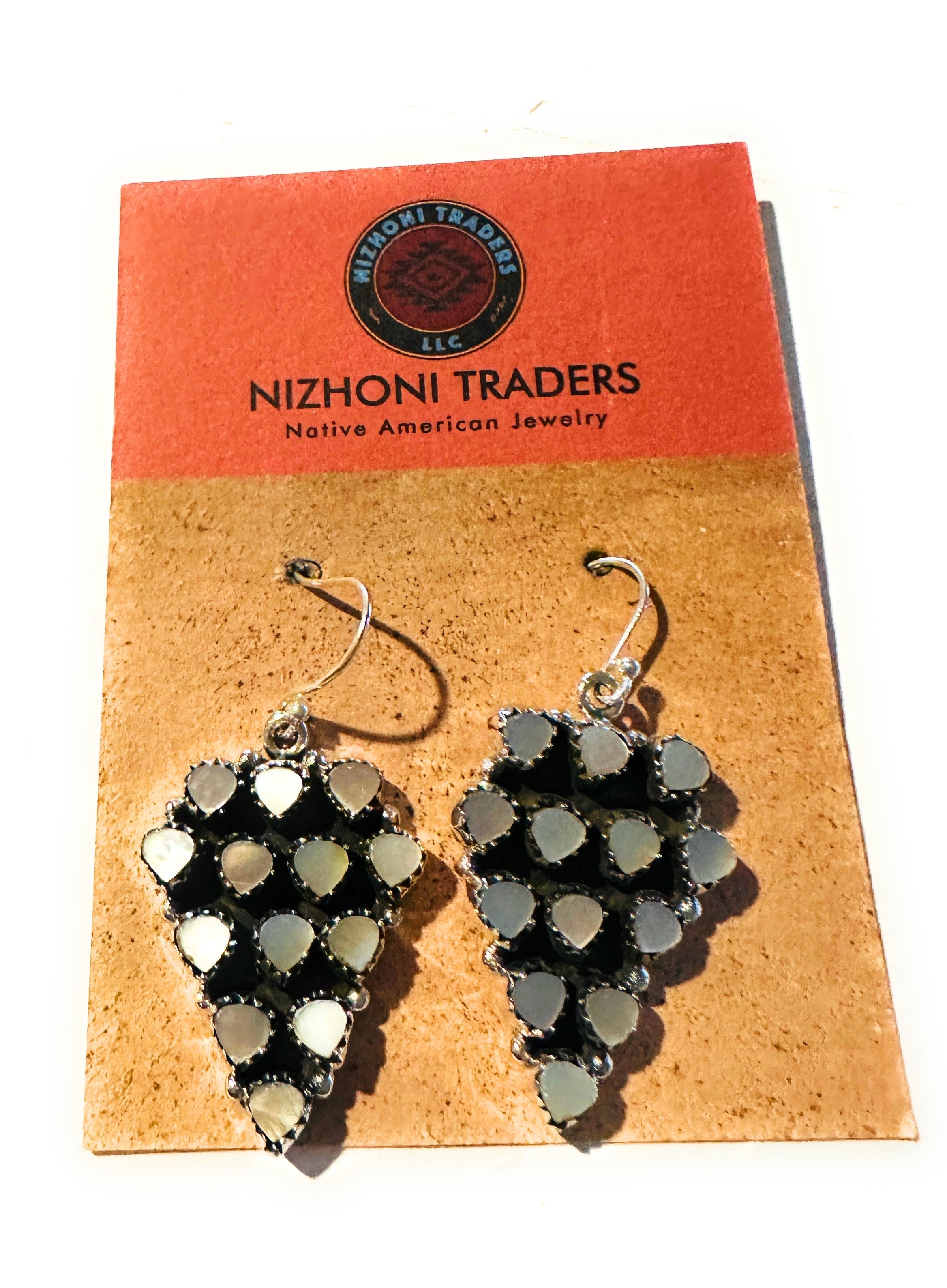 Handmade Mother of Pearl & Sterling Silver Dangle Earrings Signed Nizhoni