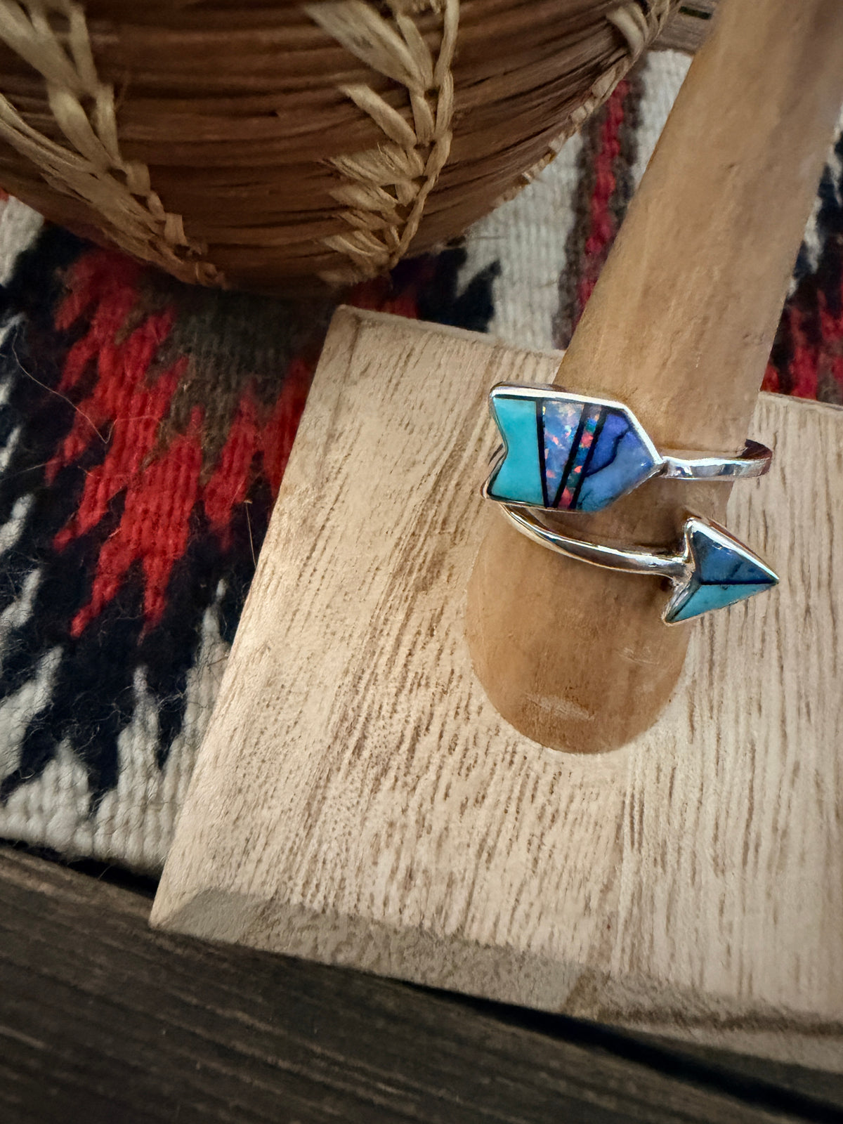 Handcrafted Sterling Silver, Opal & Turquoise Inlay Adjustable Arrow Ring