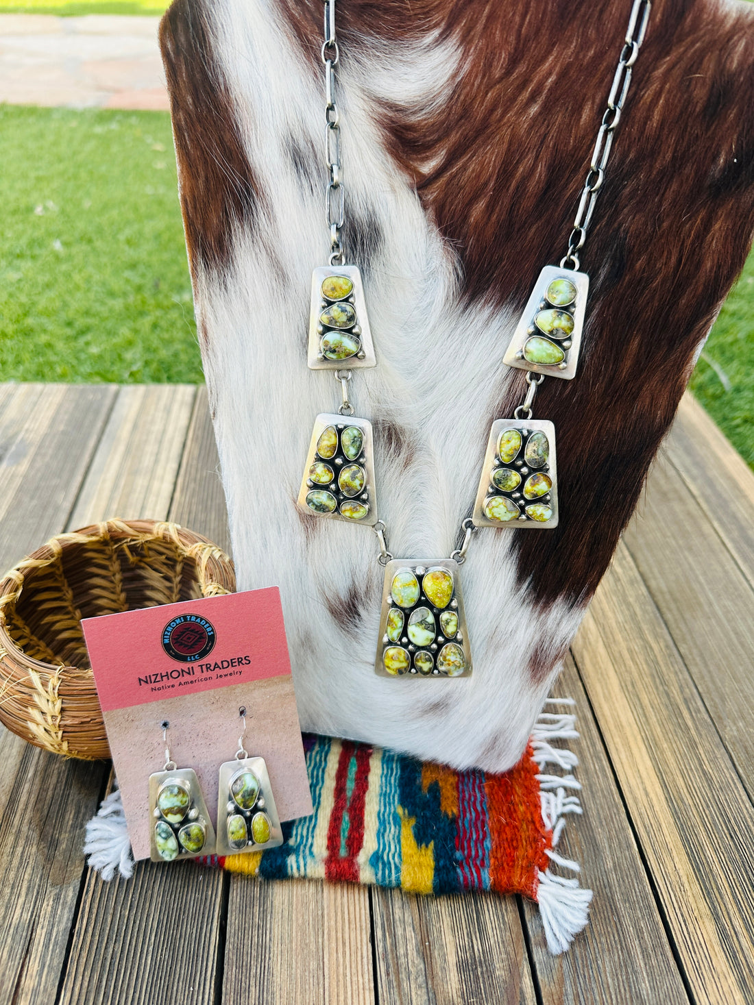 Handcrafted Palomino Turquoise & Sterling Silver Necklace and Earring Set by Charles Johnson