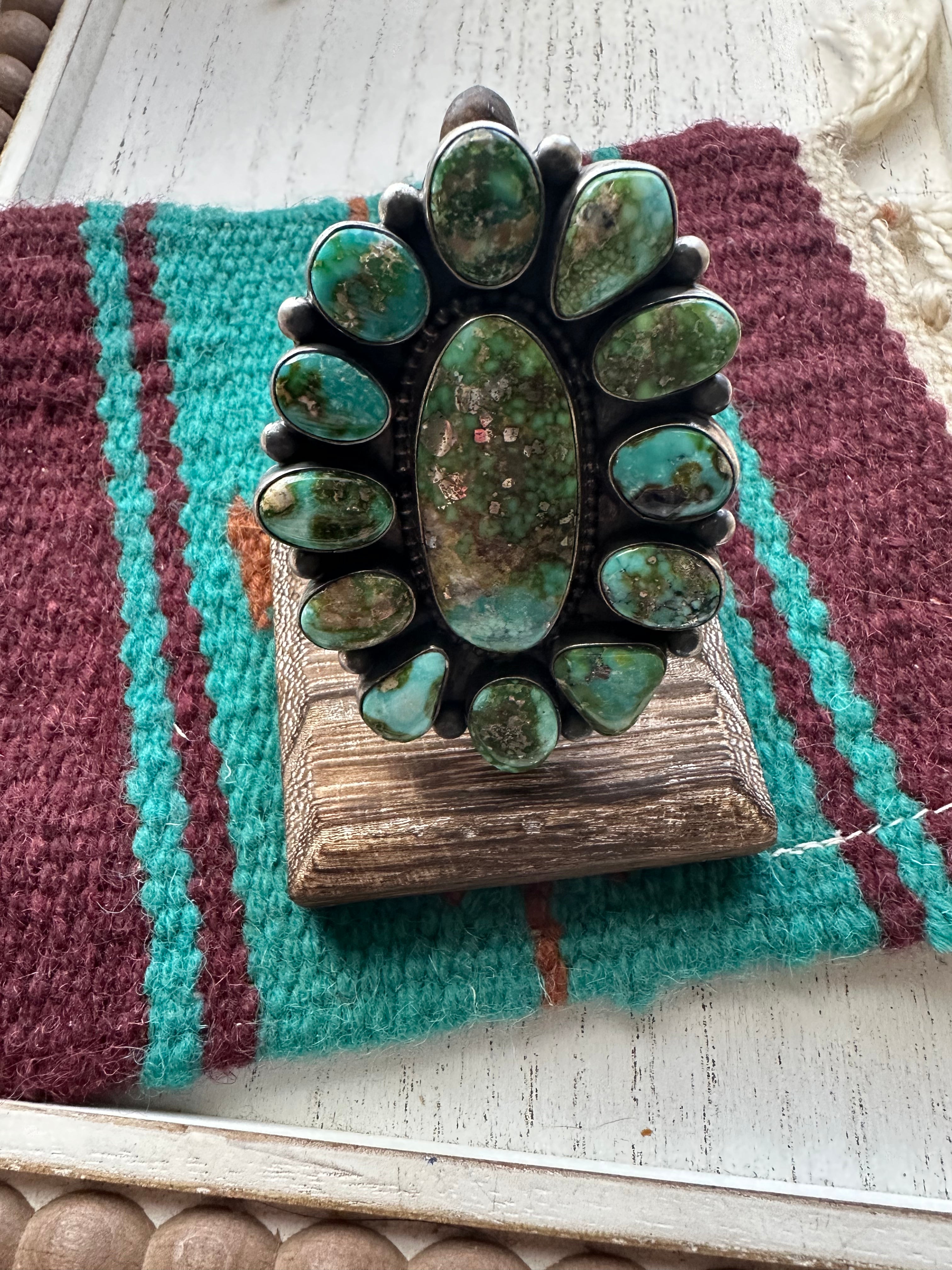 Navajo Sonoran Mountain Turquoise & Sterling Silver Ring Size 7.5. Signed TRAVIS J