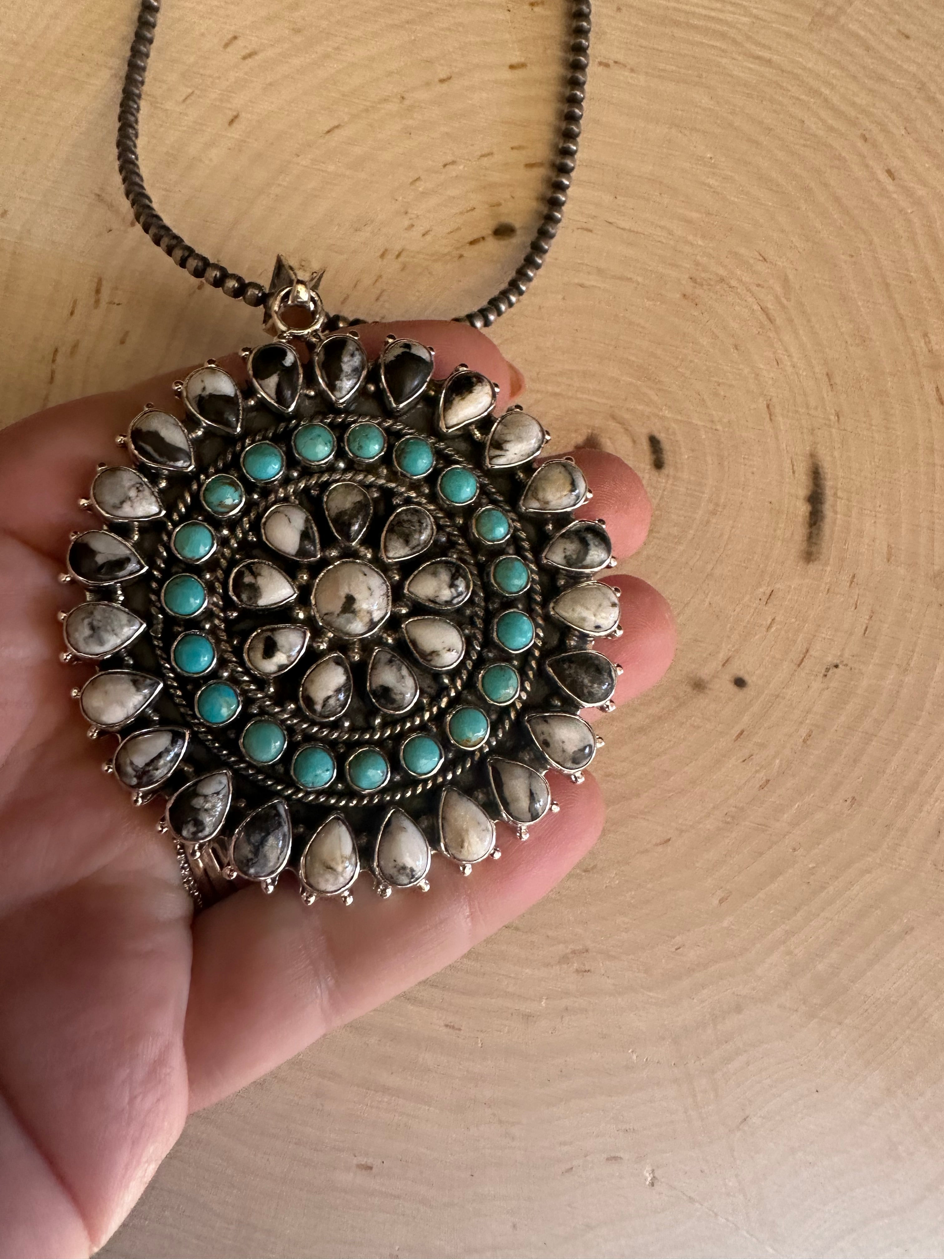 Beautiful Handmade Sterling Silver, White Buffalo & Turquoise Cluster Pendant Signed Nizhoni