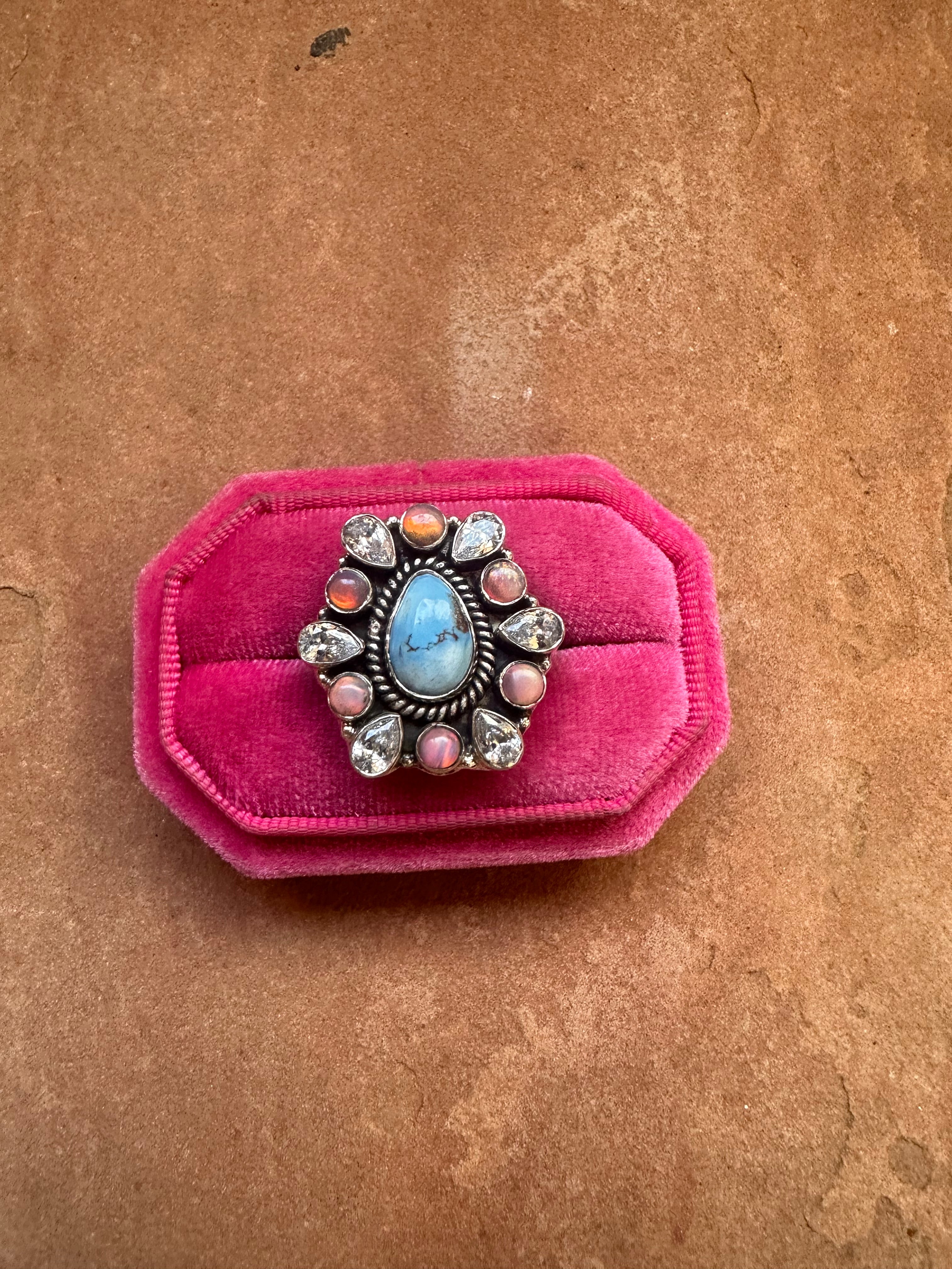 Handmade Pink Opal, CZ, Golden Hills Turquoise And Sterling Silver Adjustable Ring