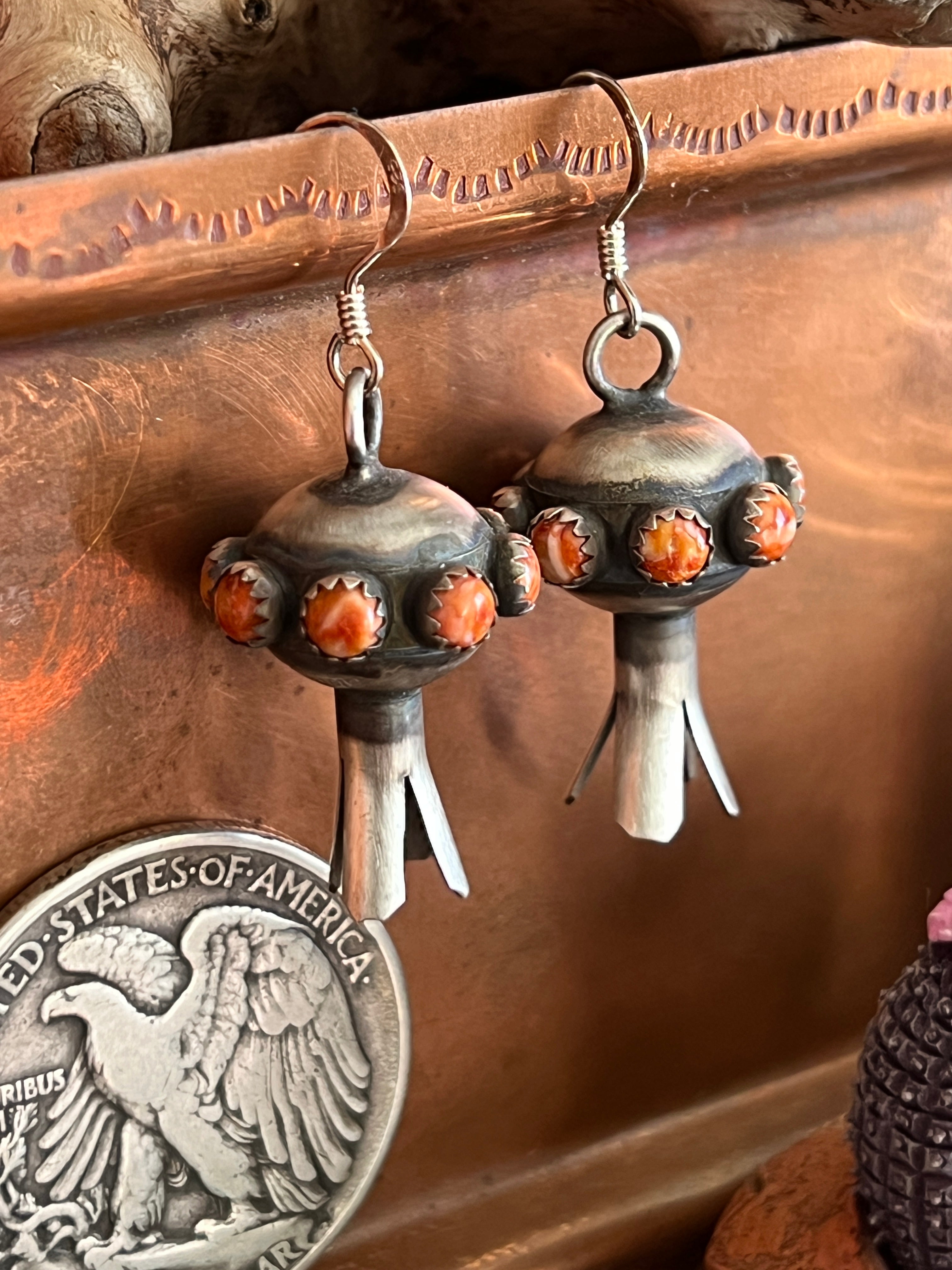 Handcrafted Sterling Silver Blossom Dangle Earrings w/ Orange Spiny Oyster by Monica Smith