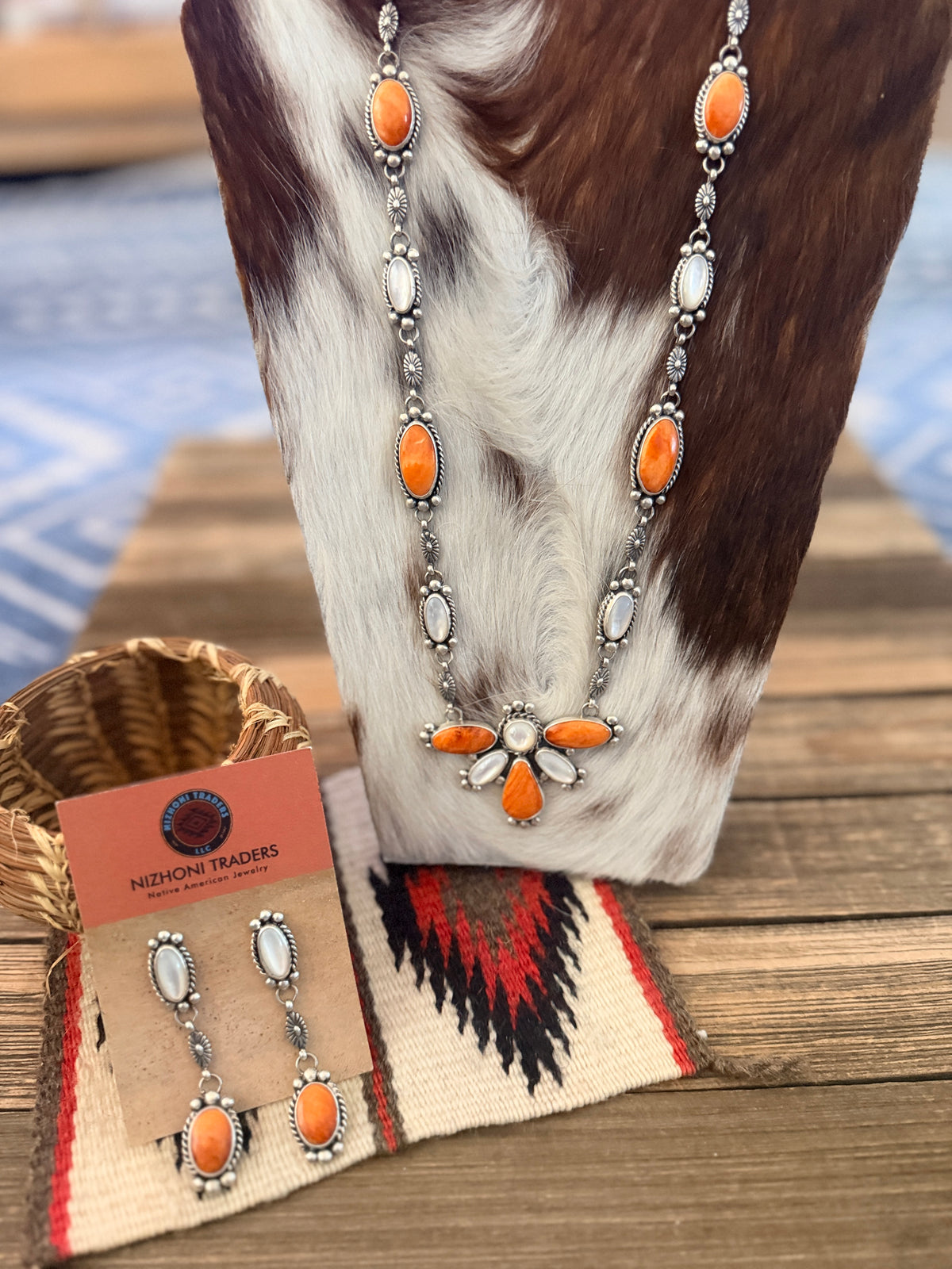 Handcrafted Spiny Oyster, Mother of Pearl & Sterling Silver Cluster Necklace and Earring Set by Fred Francis