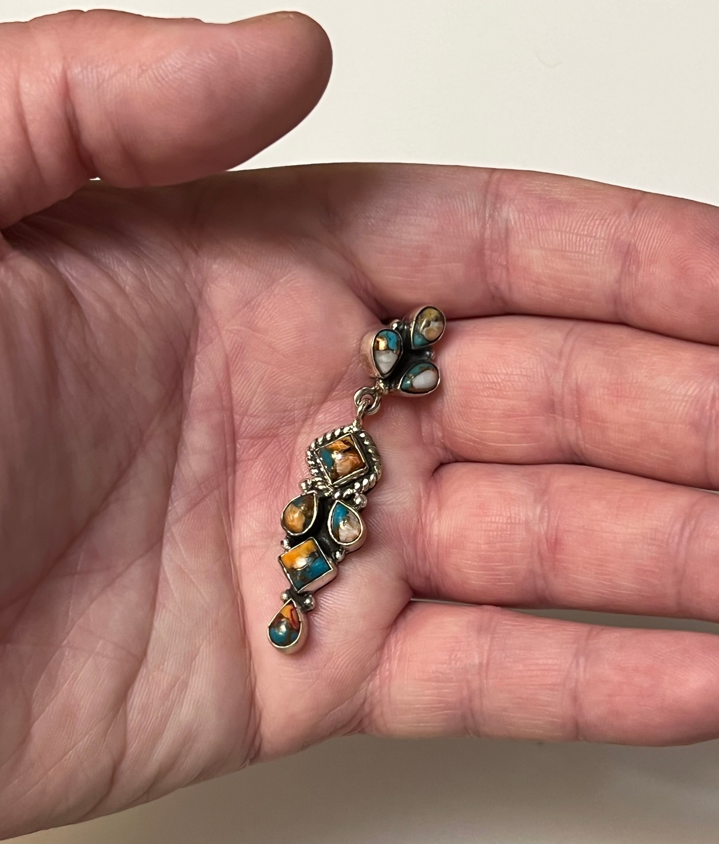 Handmade Spice- Spiny Oyster Turquoise Dangle Sterling Silver Earrings