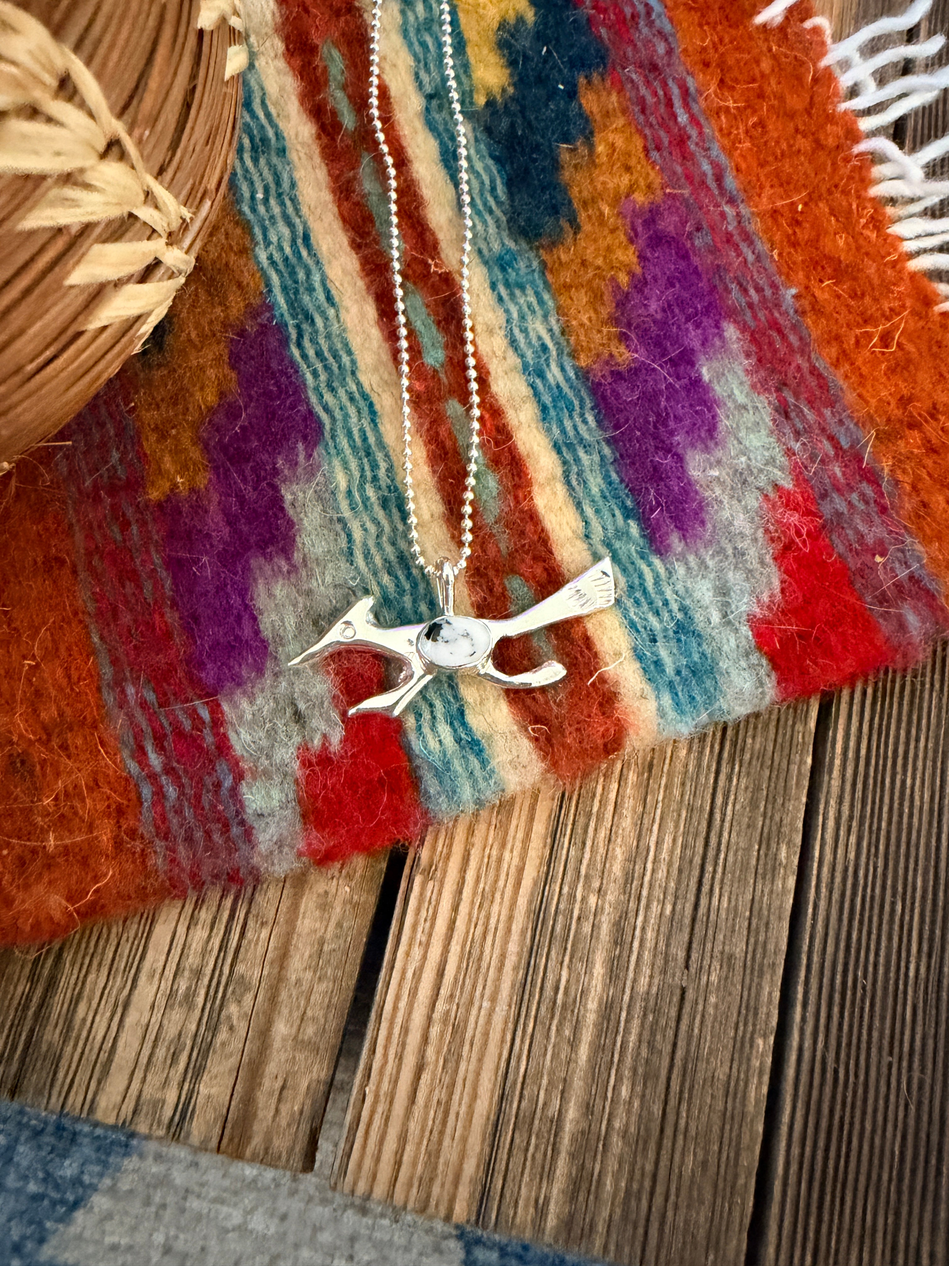 Handcrafted Sterling Silver & White Buffalo Road Runner Pendant by Joseph Martinez