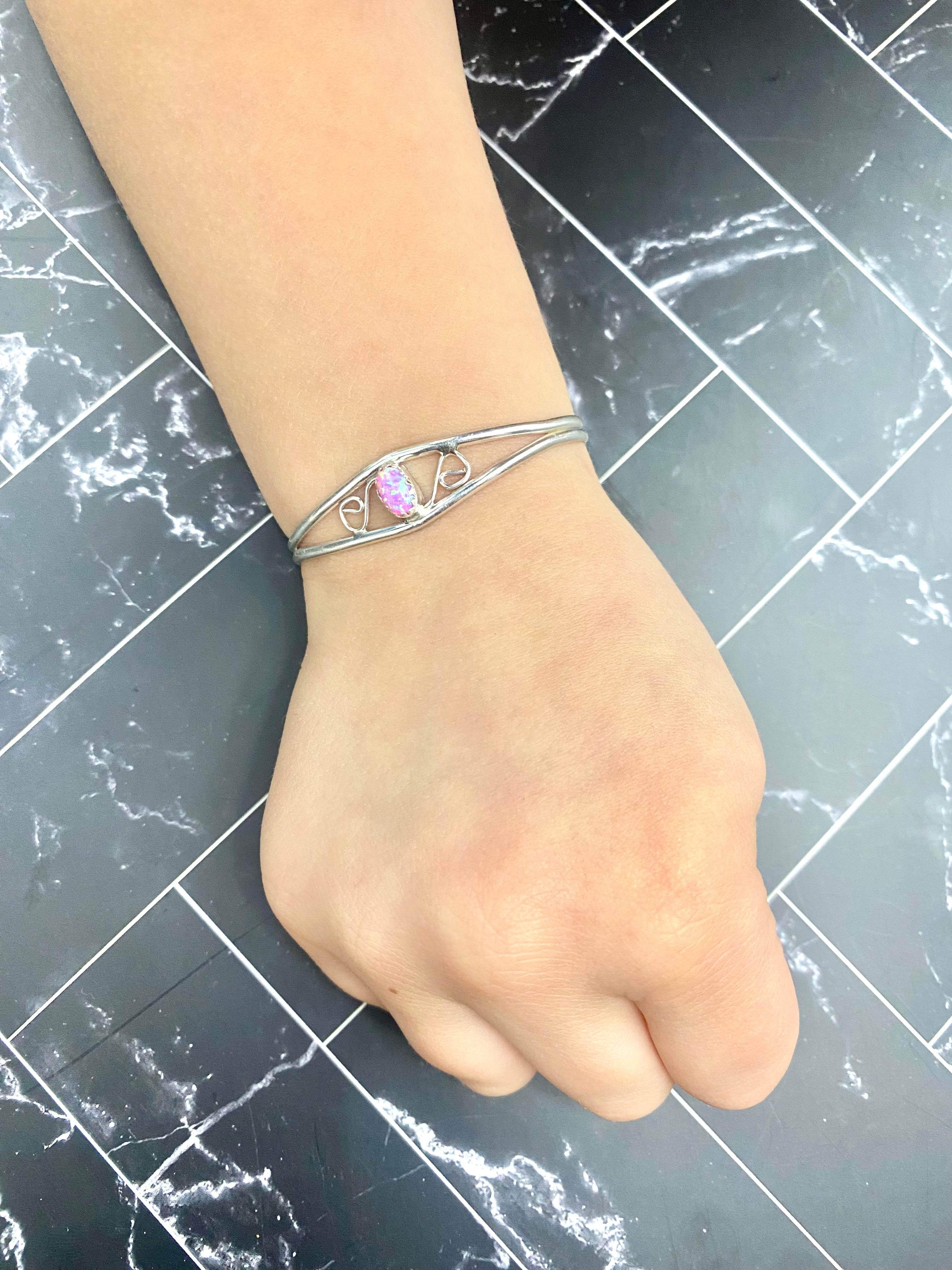Handcrafted Sterling Silver Fire Pink Opal Kid's Cuff Bracelet –  Swirl Design