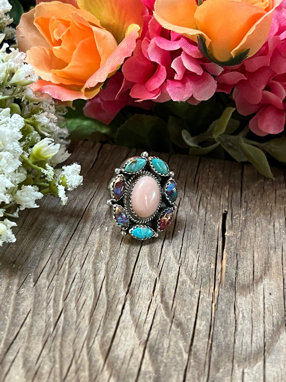 Handmade Sterling Silver Pink Conch, Purple Dream Mojave, Turquoise Cluster Adjustable Ring