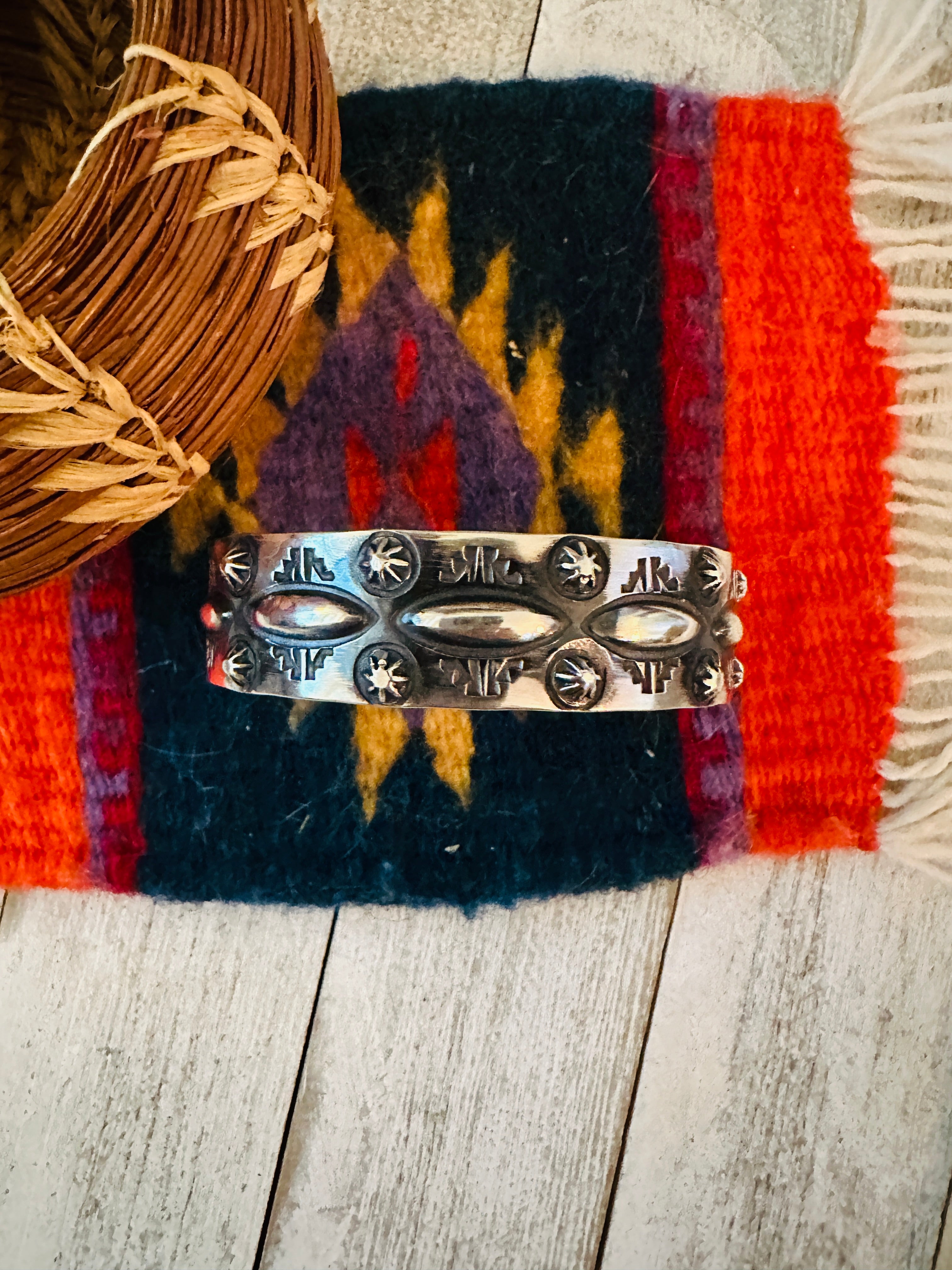 Navajo Hand Stamped Sterling Silver Cuff Bracelet By Elvira Bill