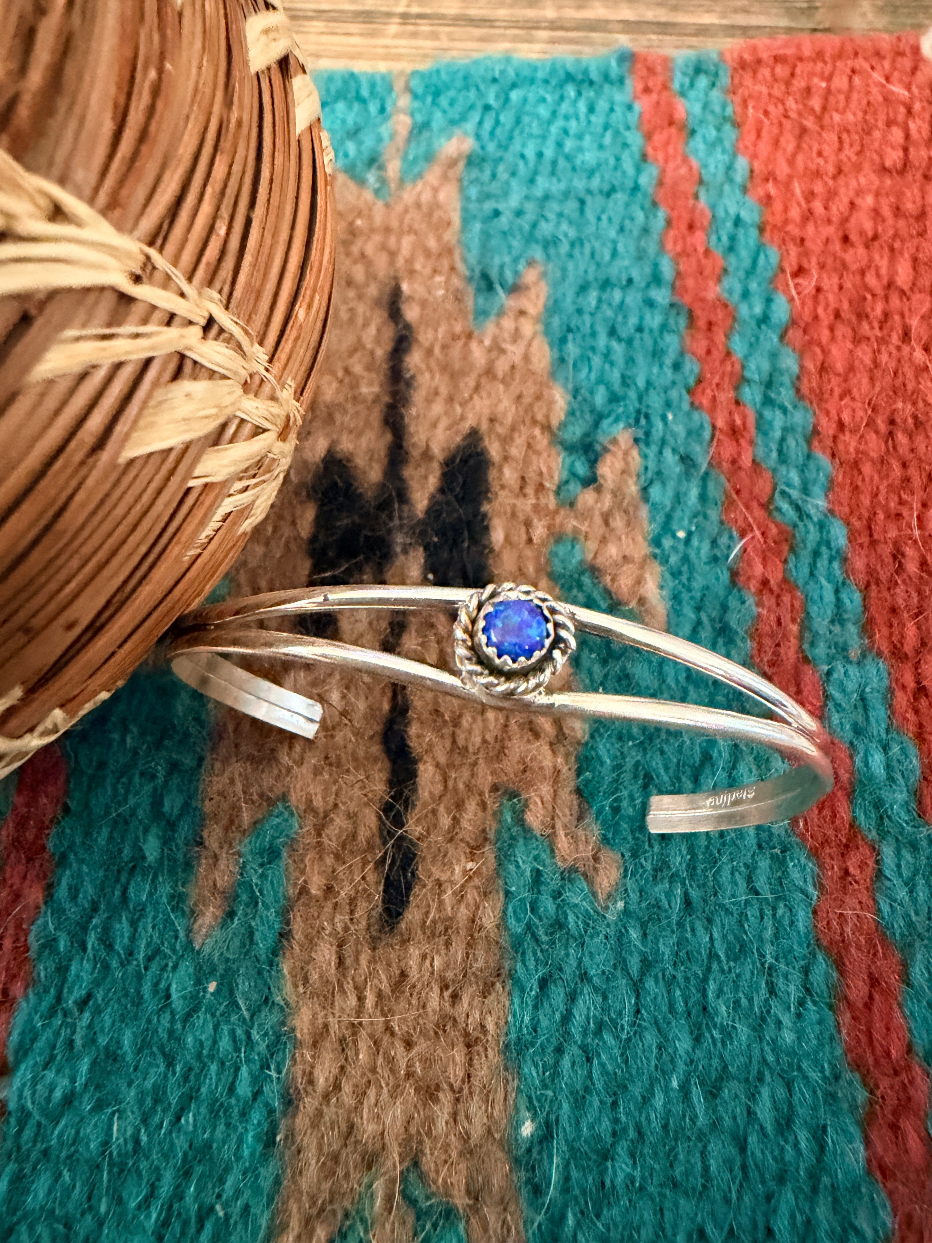 Handcrafted Blue Opal & Sterling Silver Baby Cuff Bracelet