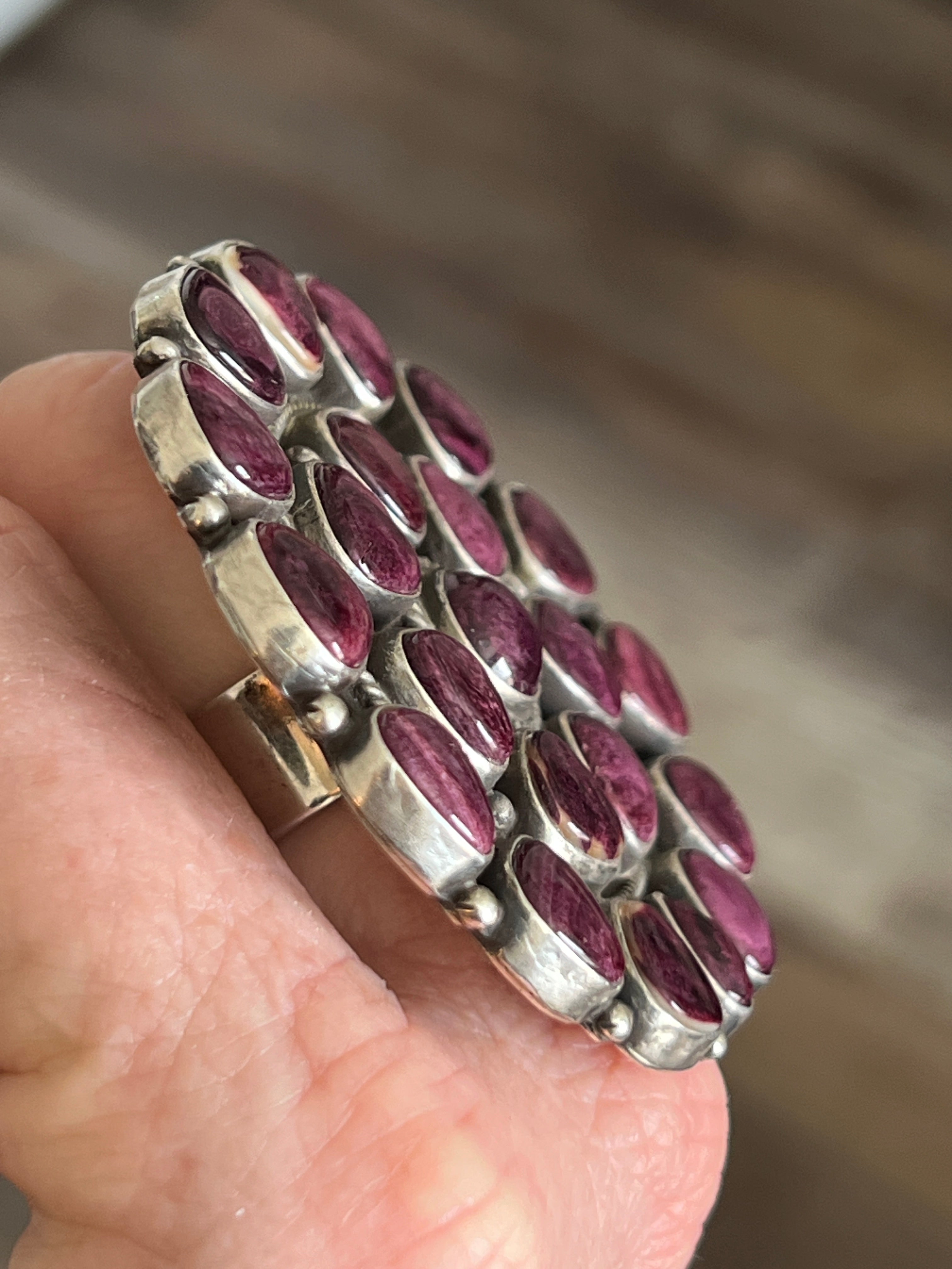 Handcrafted Sterling Silver and Purple Spiny Oyster Cluster Ring by Tyler Brown, Adjustable