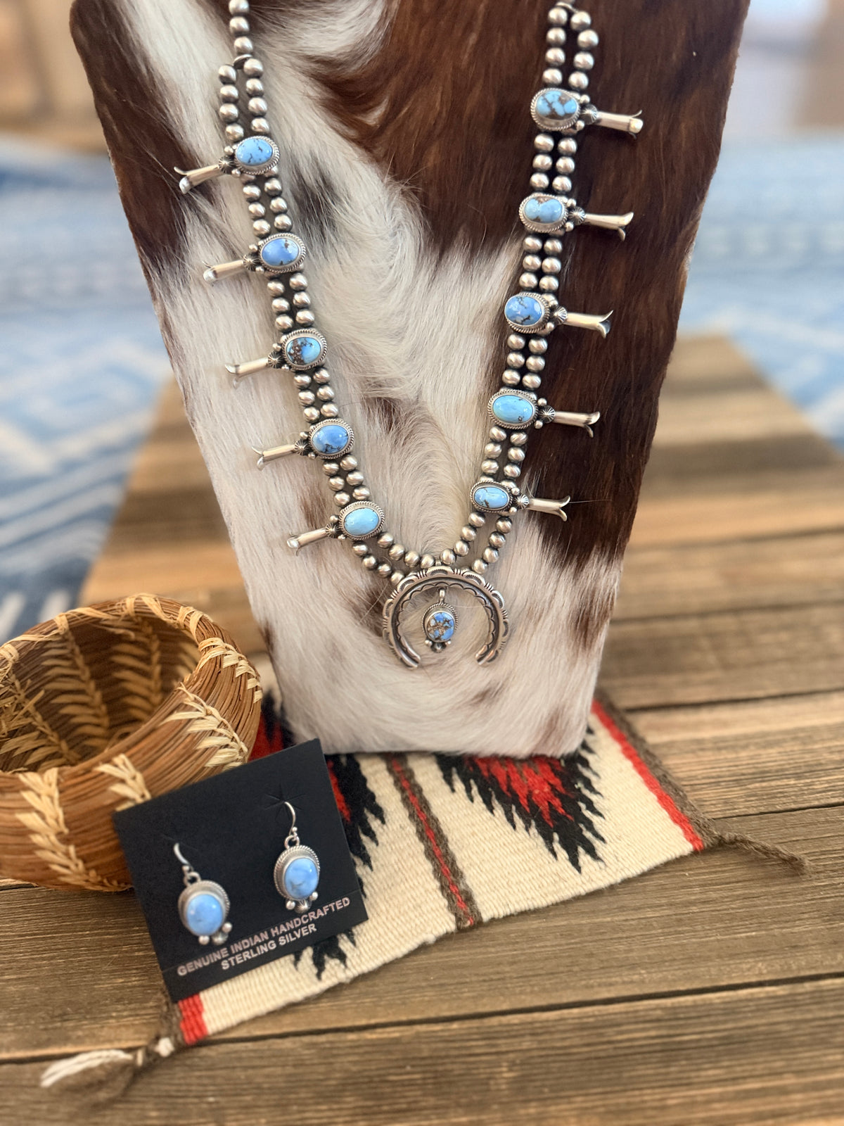 Handcrafted Golden Hills Turquoise & Sterling Silver Beaded Squash Blossom Necklace Set by Melvin Francis