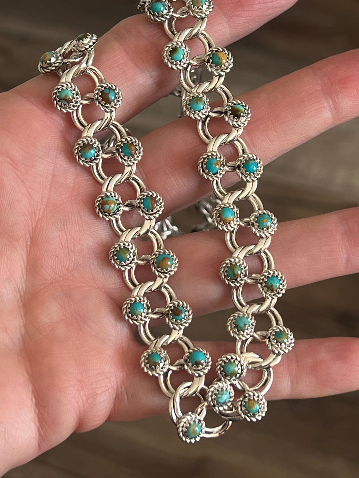 Handcrafted Sterling and Snake Eye Turquoise Link Necklace, Bracelet & Earrings by Dillon Cheama