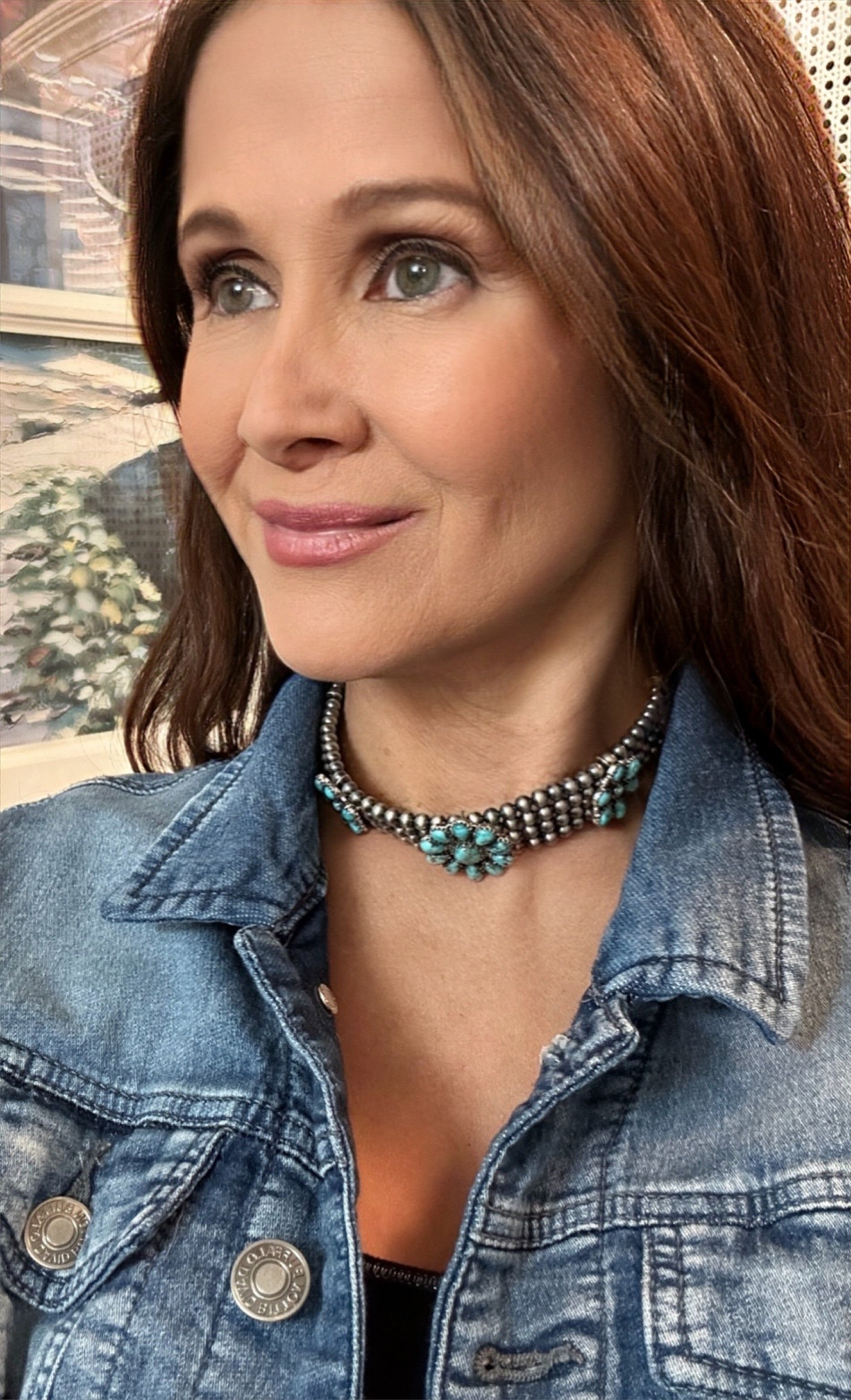 Handmade Sterling Silver Pearl & Natural Turquoise Choker Necklace Signed Nizhoni