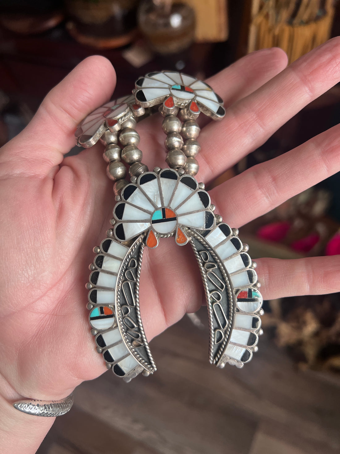 Vintage Old Pawn Sunface Multi Stone & Sterling Silver Beaded Squash Blossom Necklace