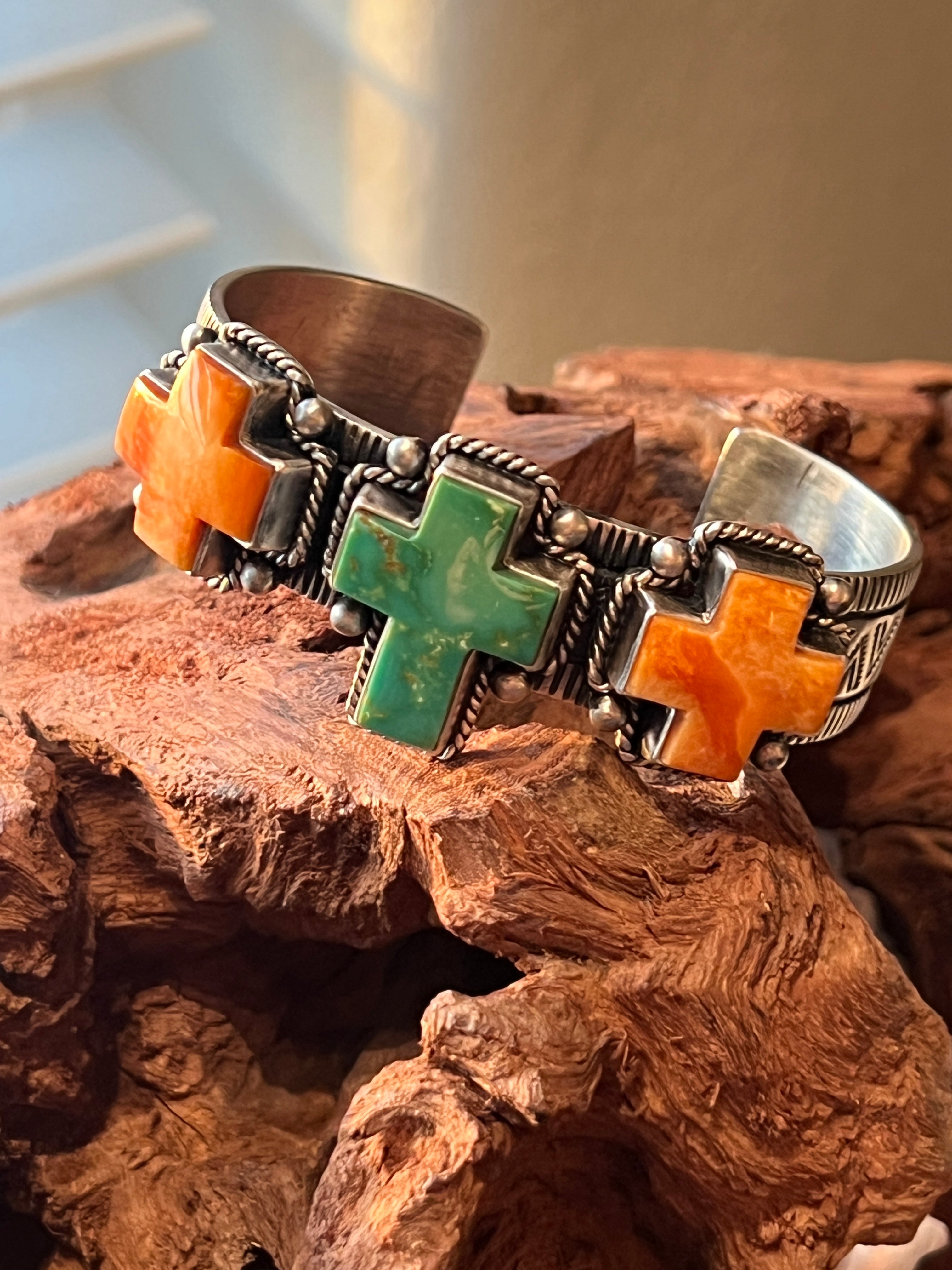 Handcrafted Hand Stamped Sterling Silver, Kingman Turquoise and Spiny Oyster Cross Cuff Bracelet by Bernyse Chavez