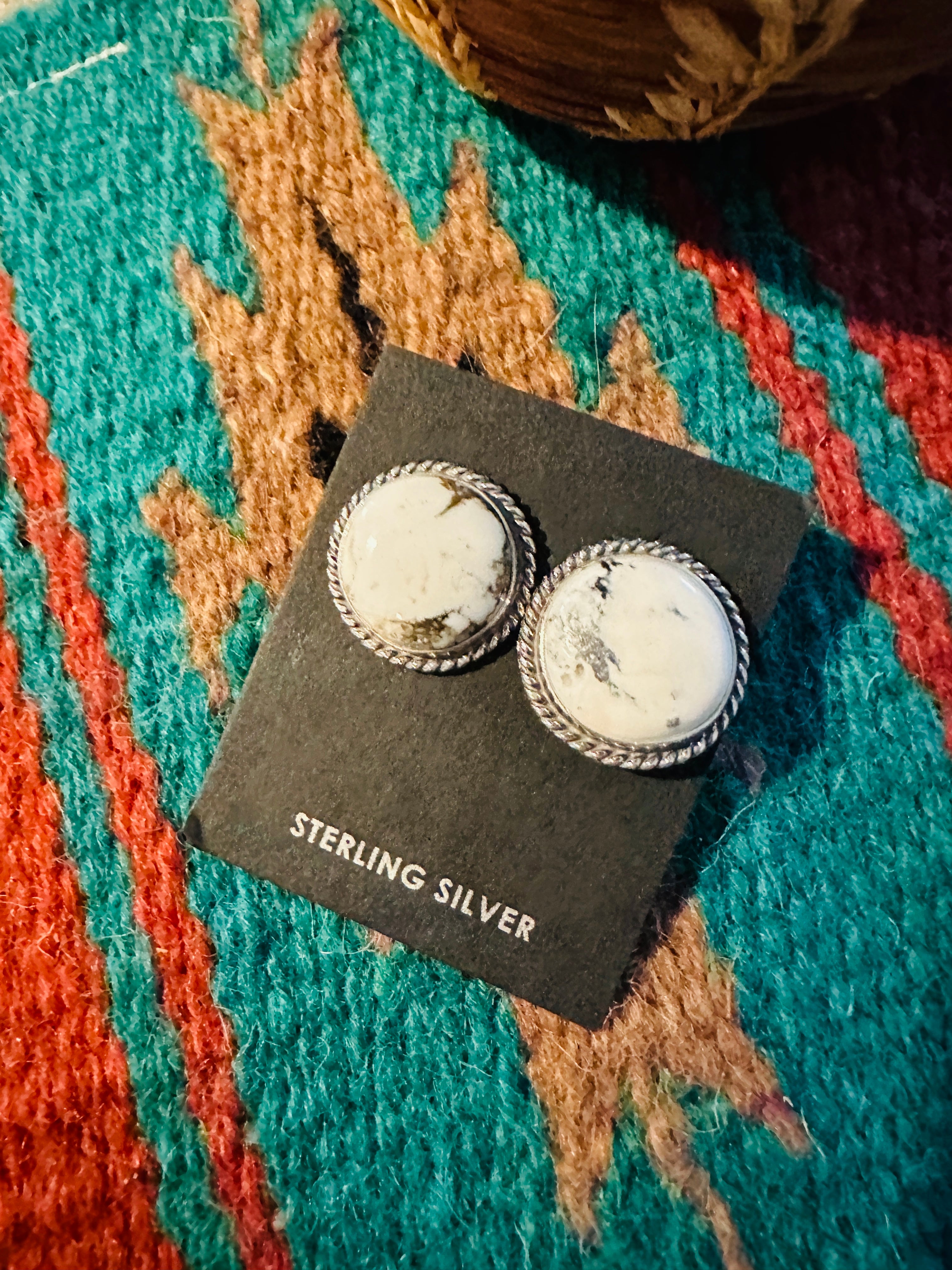 Navajo White Buffalo and Sterling Silver Circle Post Earrings