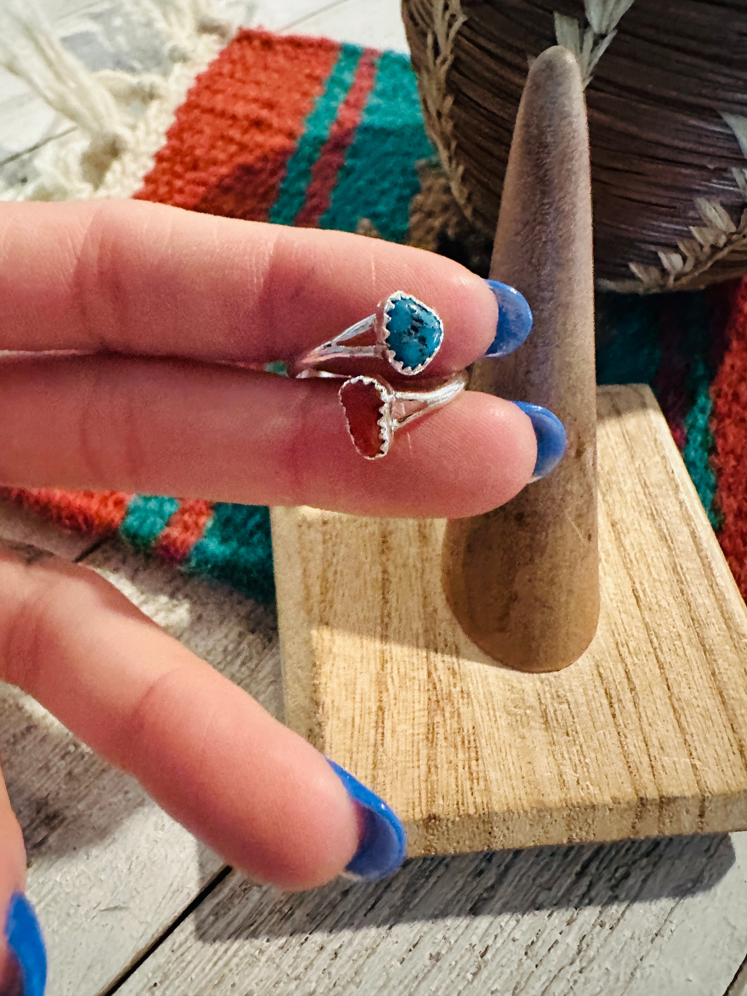 Navajo Sterling Silver, Coral & Turquoise Adjustable Rings