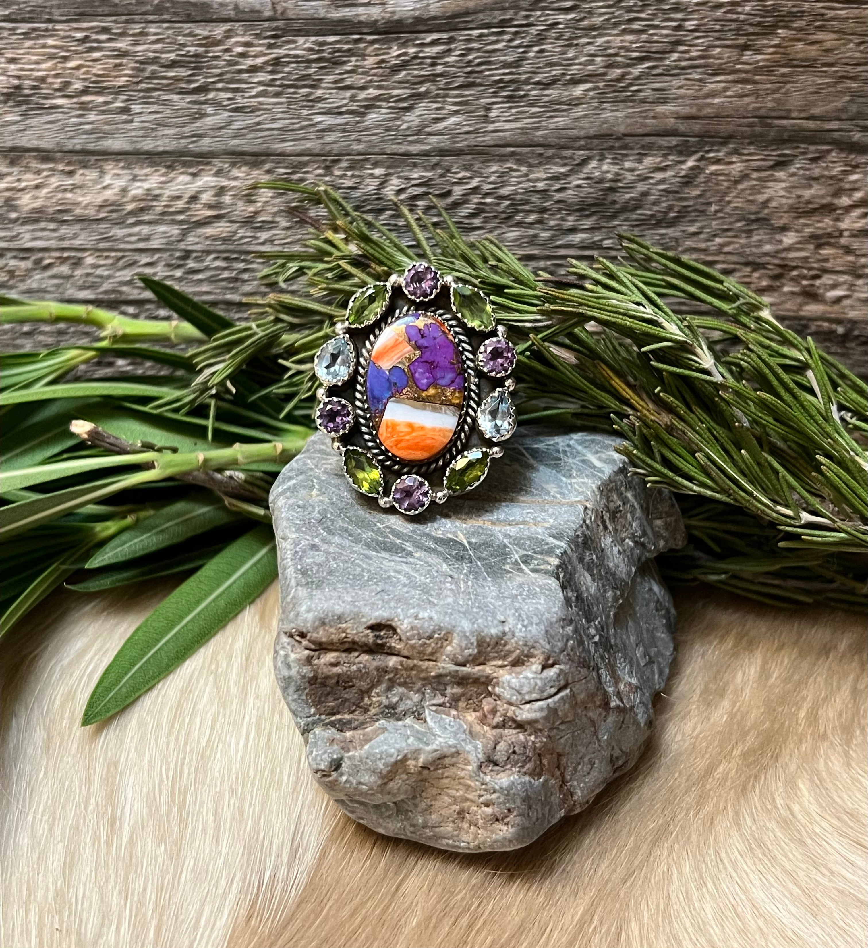 Handmade MultiStone Peridot & Amethyst Sterling Silver Adjustable Ring