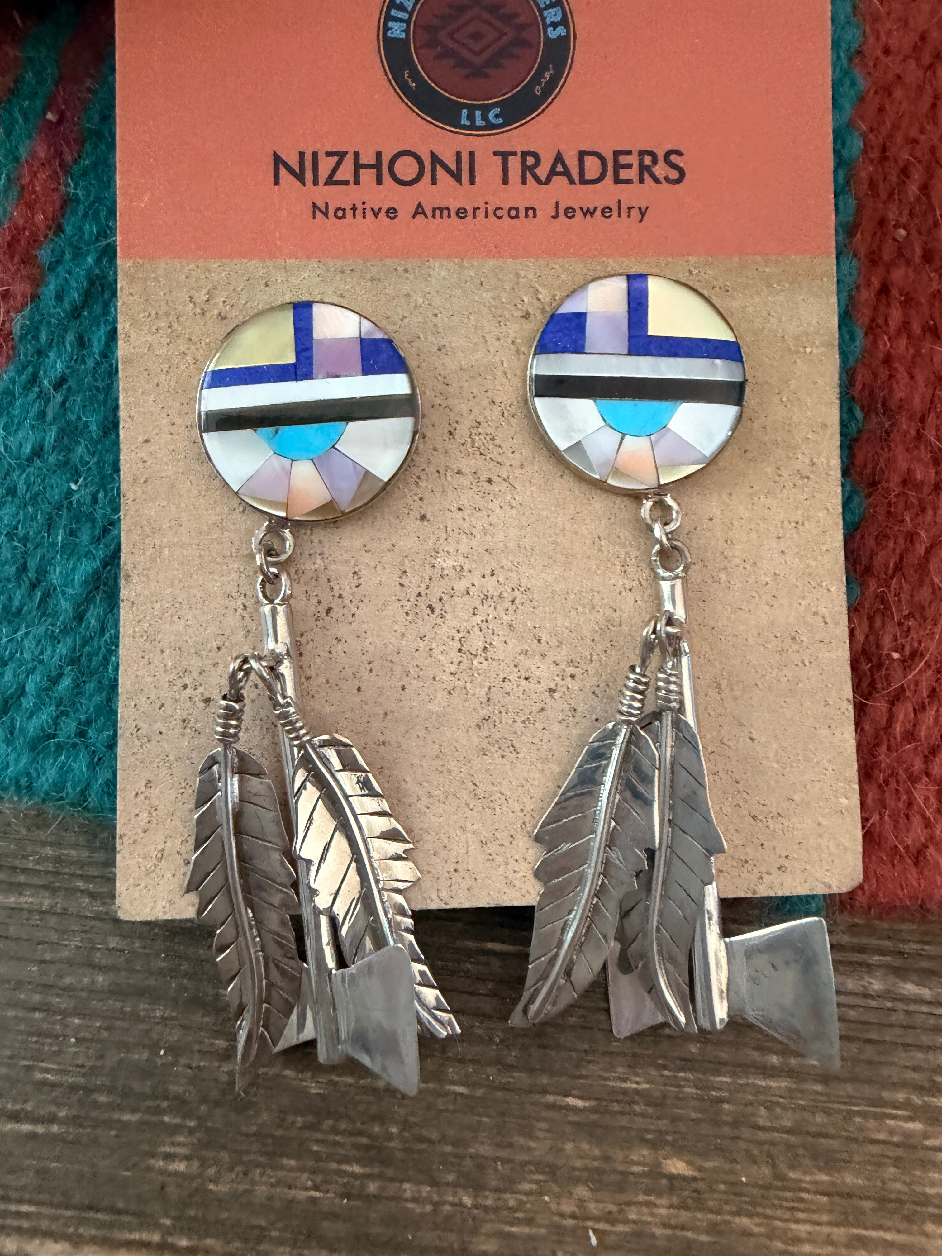 Old Pawn Handcrafted Sterling Silver & Multi Stone Inlay Feather Dangle Earrings