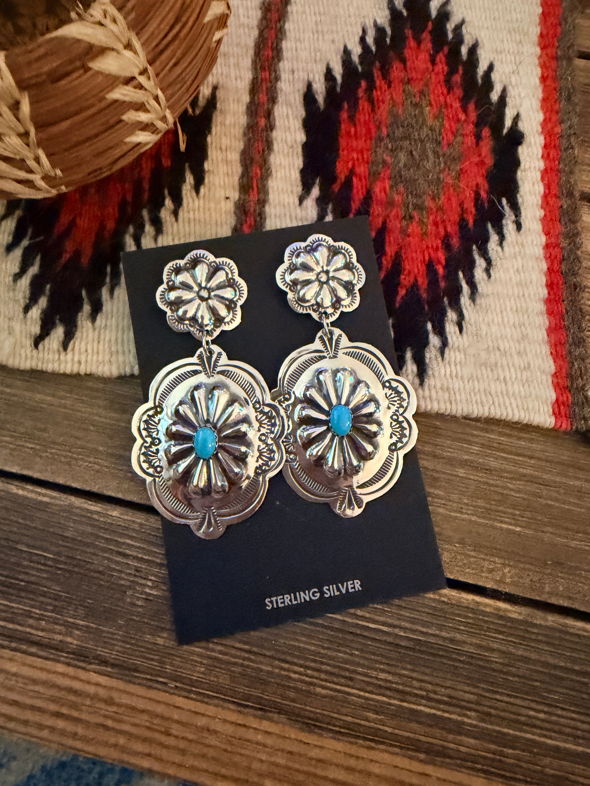 Handcrafted Turquoise & Sterling Silver Concho Dangle Earrings by Genevieve Blackgoat