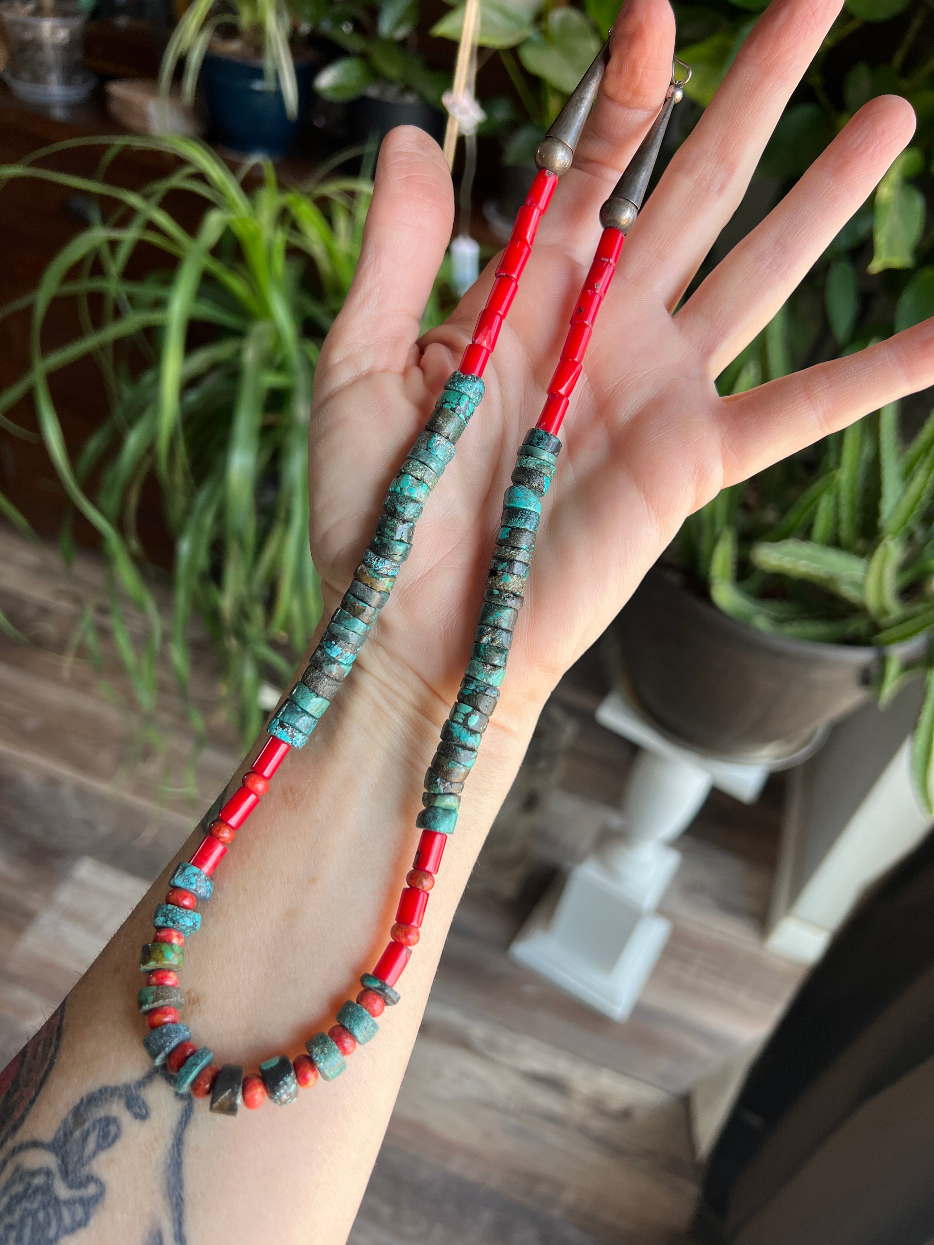 Handcrafted Hubei Turquoise Beaded Necklace with Sterling Silver and Bamboo Coral by Kirby Smith: 13 To Choose From!