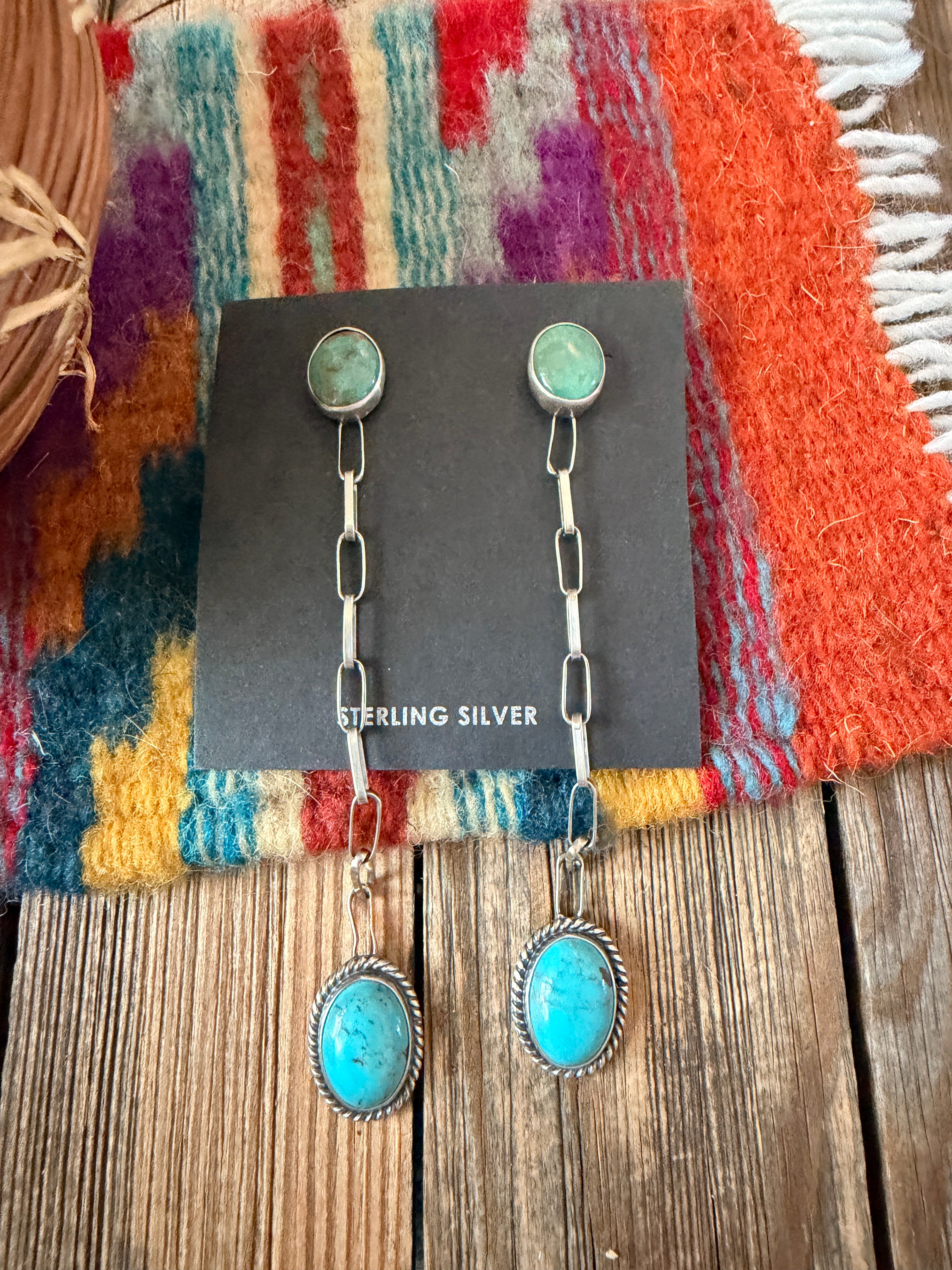 Handcrafted Turquoise & Sterling Silver Chain Dangle Earrings