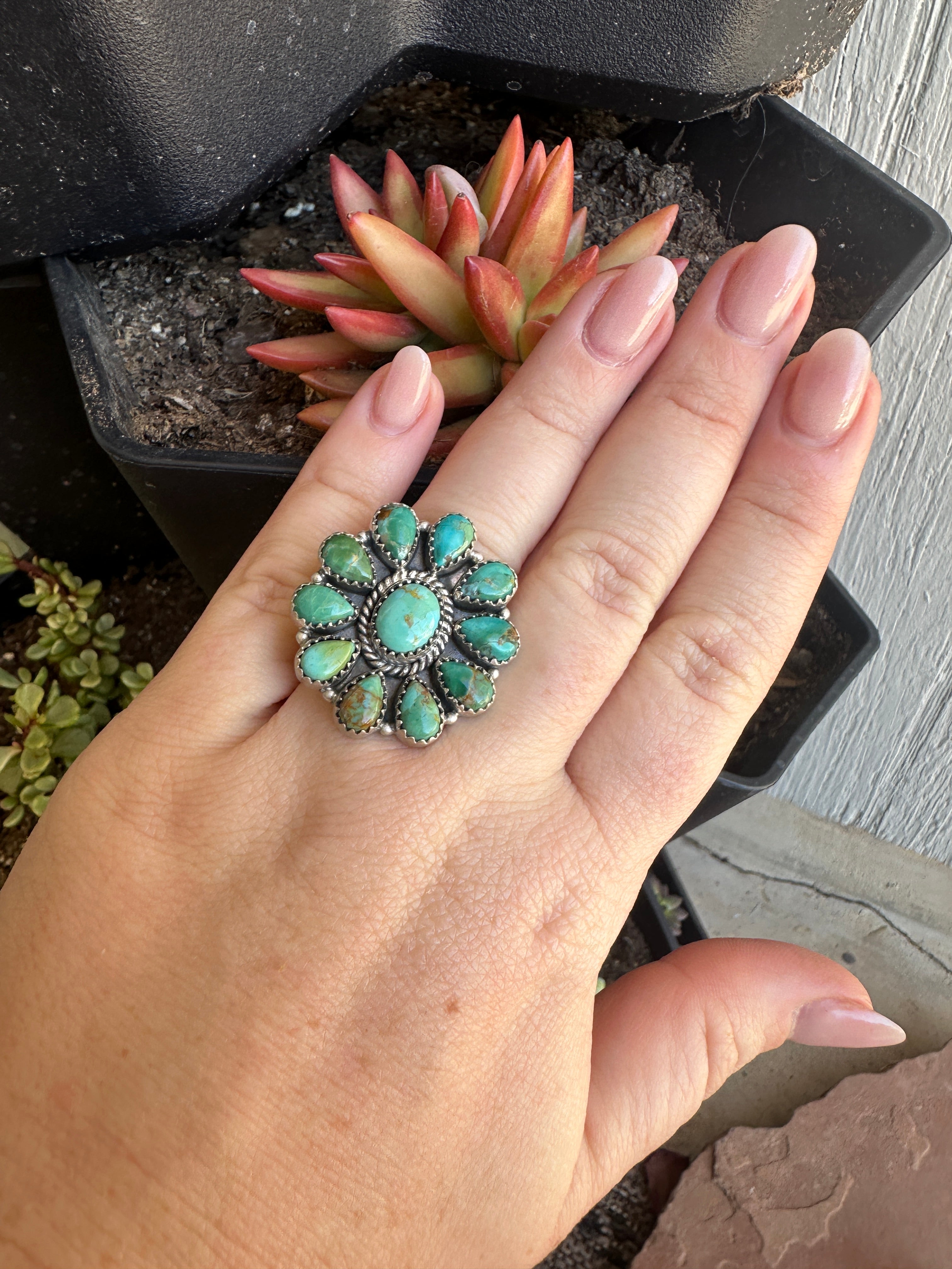 Handmade Turquoise & Sterling Adjustable Cluster Ring