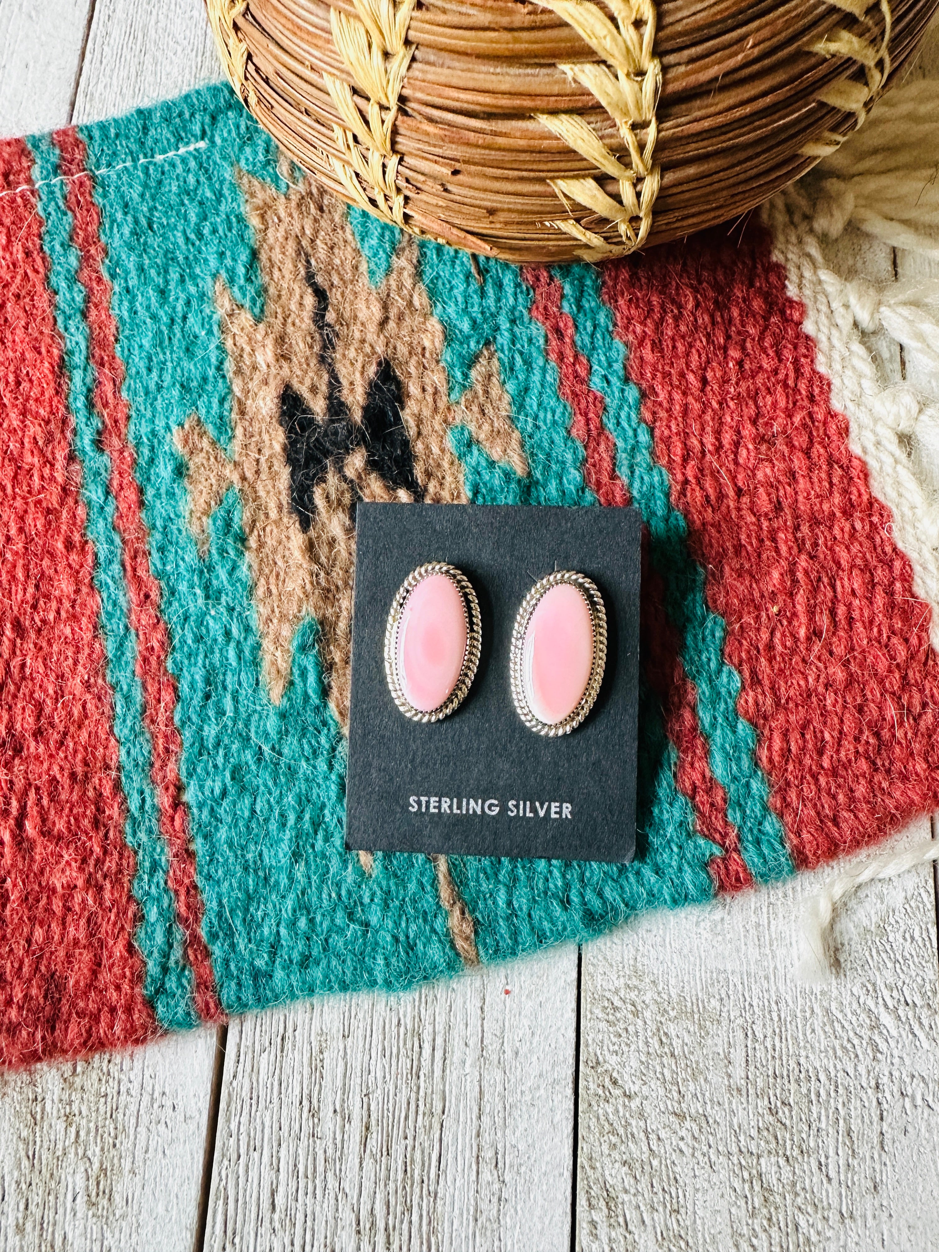 Navajo Sterling Silver & Queen Pink Conch Oval Post Earrings