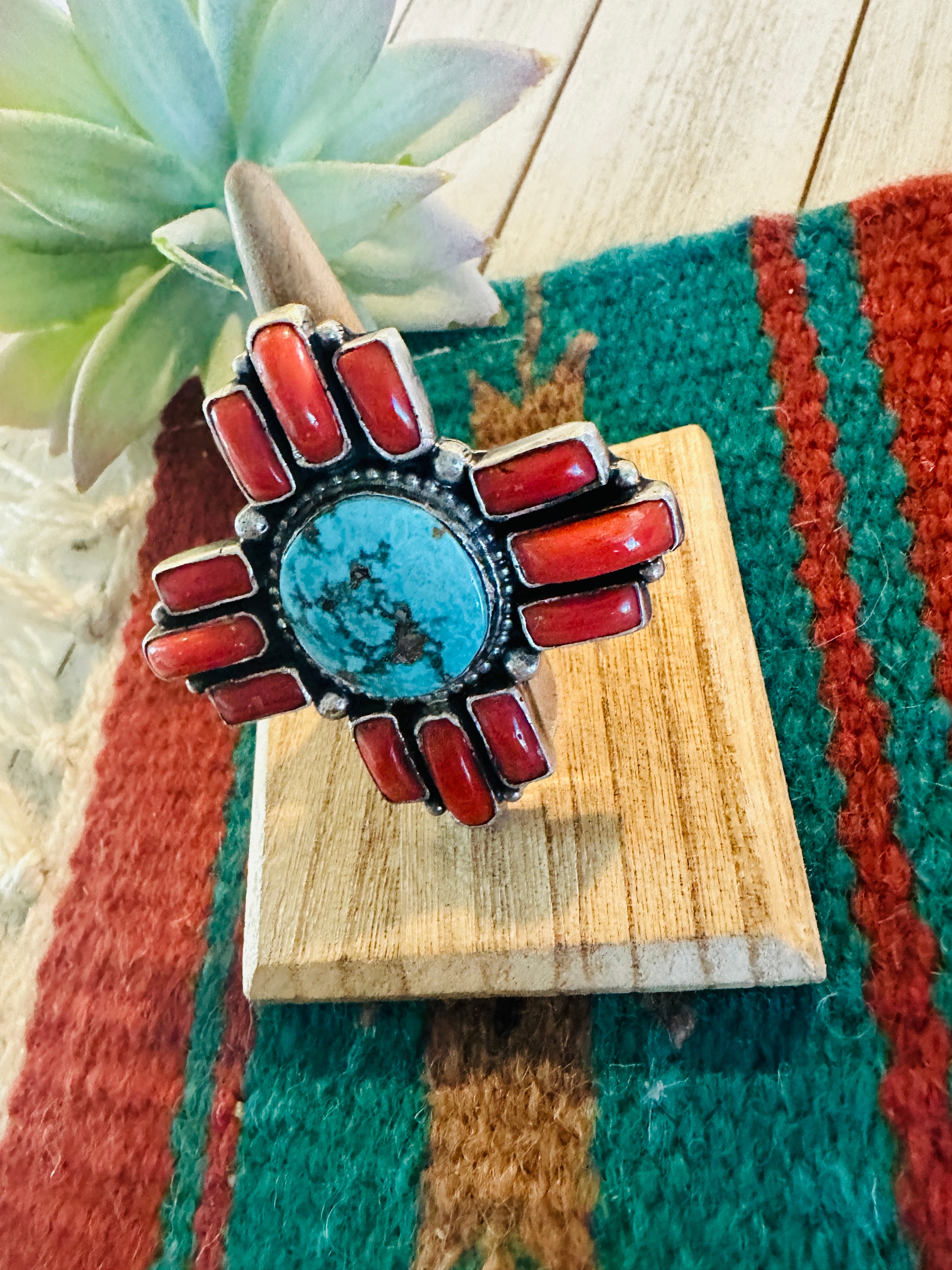 Navajo Kingman Turquoise, Coral & Sterling Silver Ring Size 7