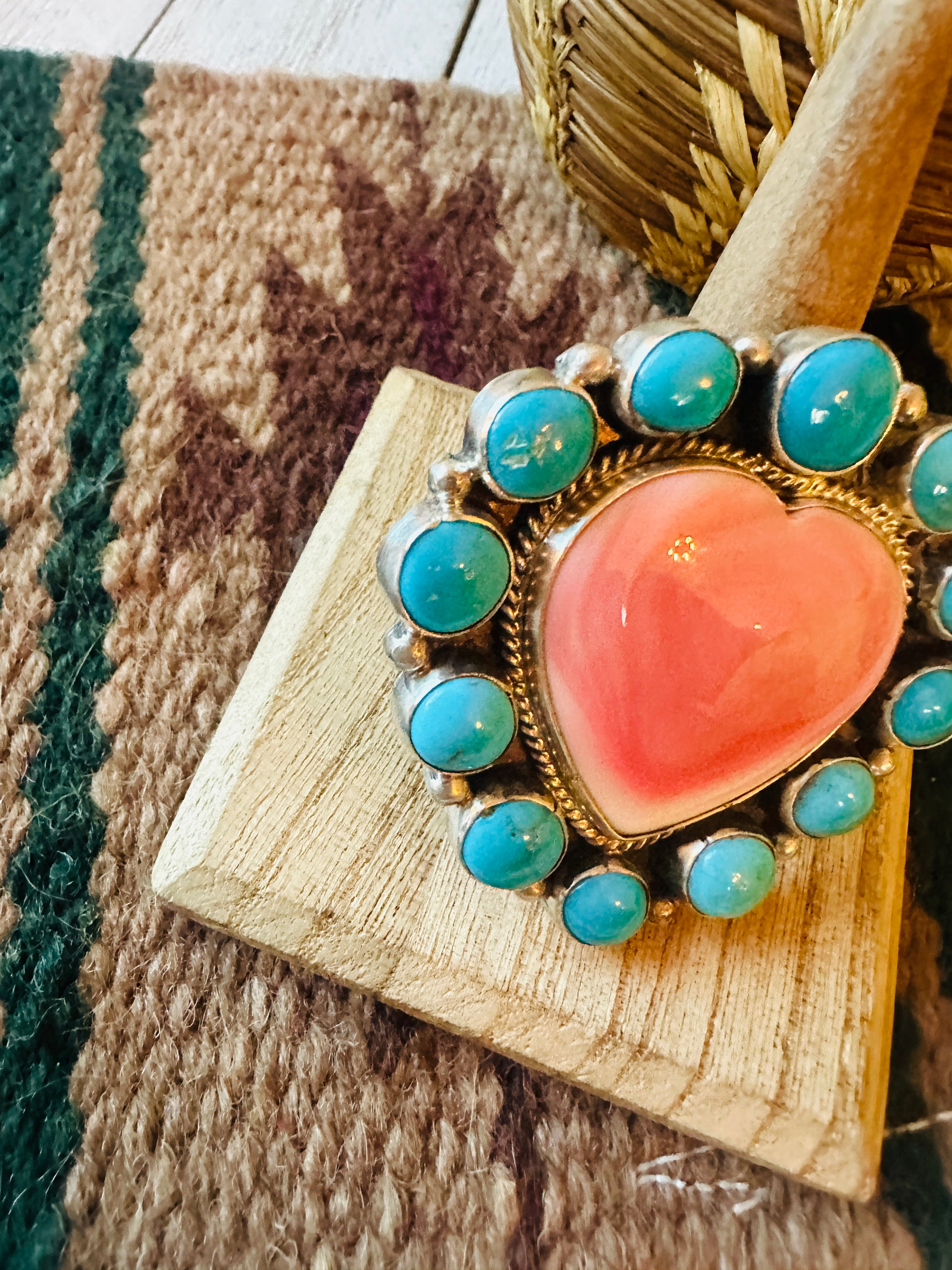 Navajo Sterling Silver, Queen Pink Conch & Turquoise Heart Adjustable Ring