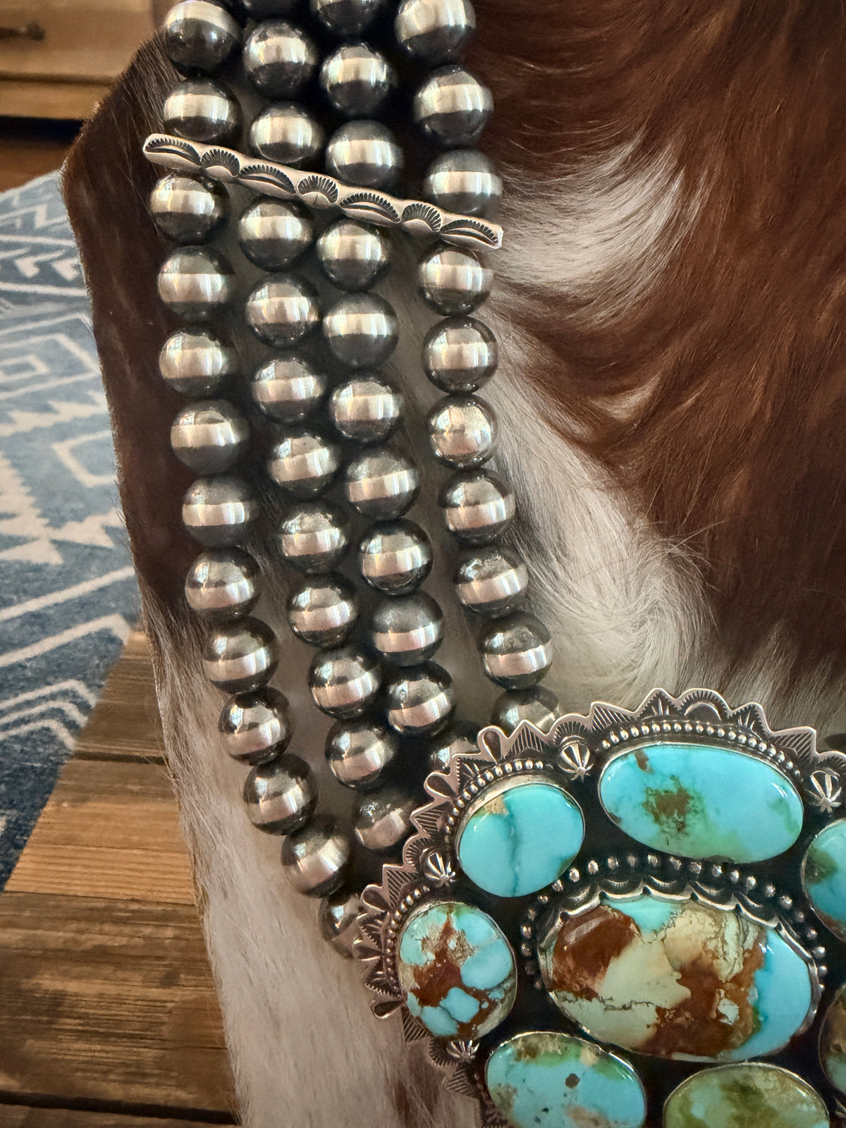 Handcrafted Beaded Sterling Silver & Sonoran Mountain Turquoise Cluster Necklace by Charles Johnson