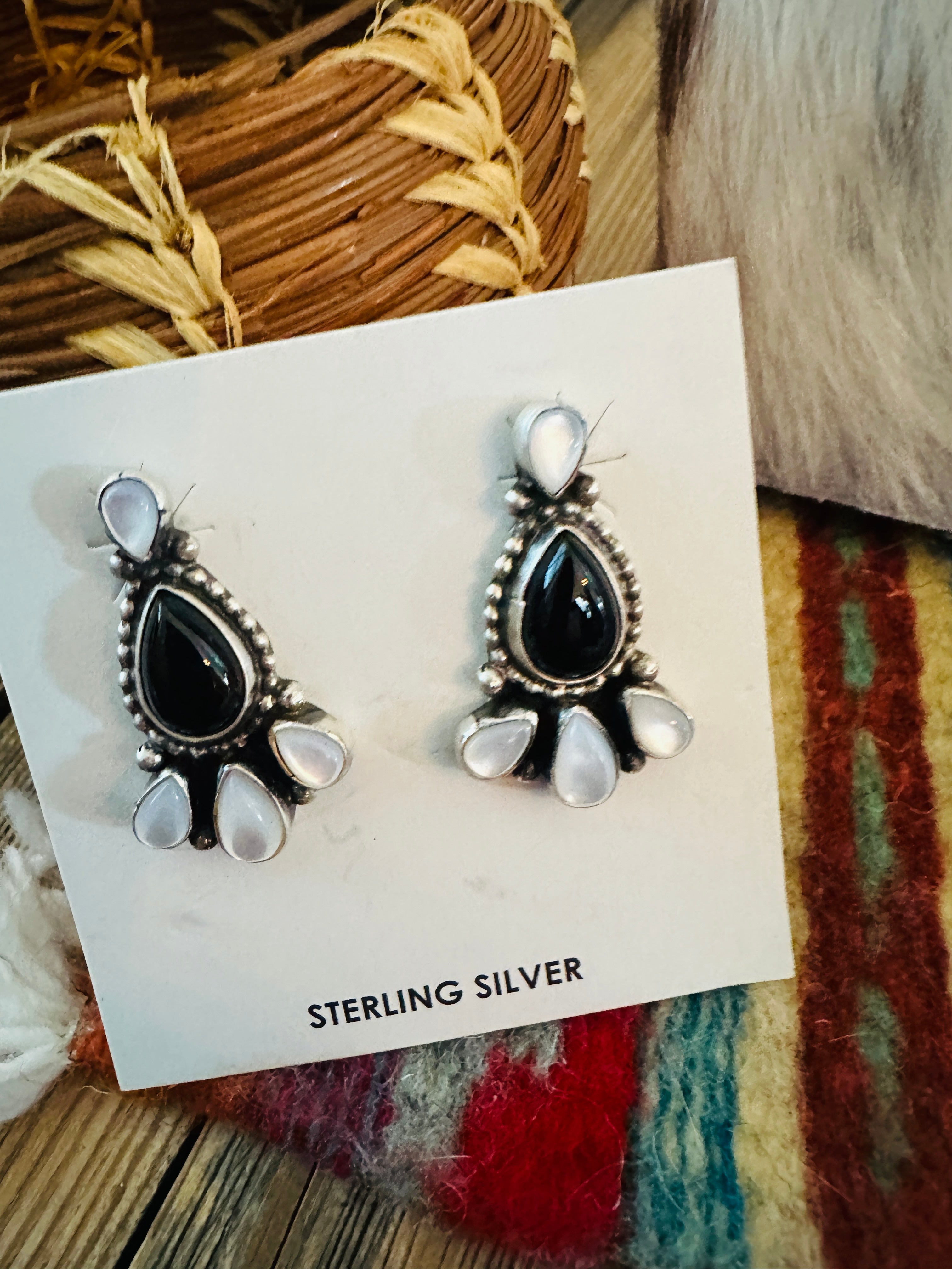 Handcrafted Onyx, Mother of Pearl & Sterling Silver Necklace and Earring Set by Sheila Becenti