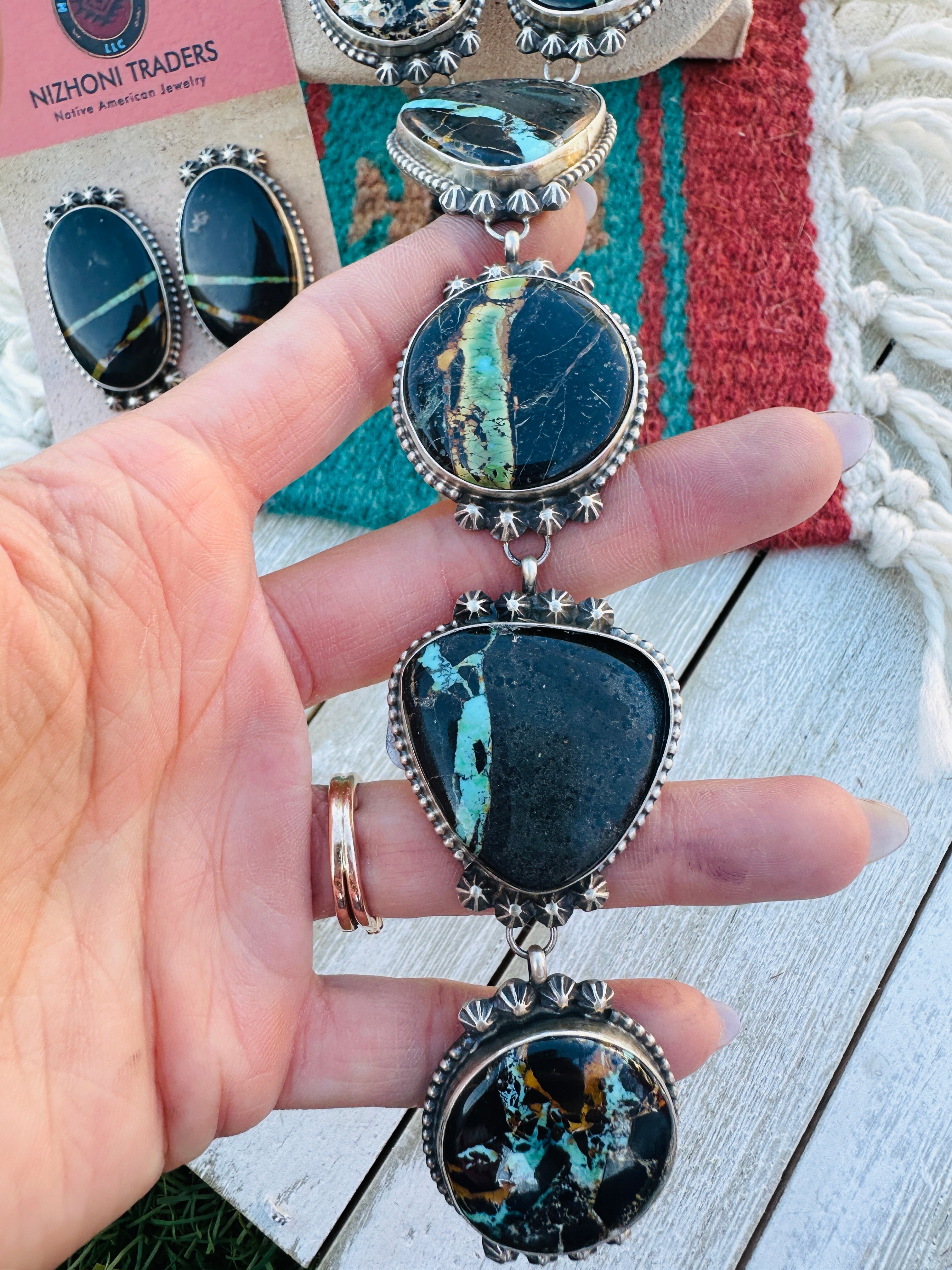 Handcrafted Blackjack Turquoise & Sterling Silver Necklace Set by Dave Skeets