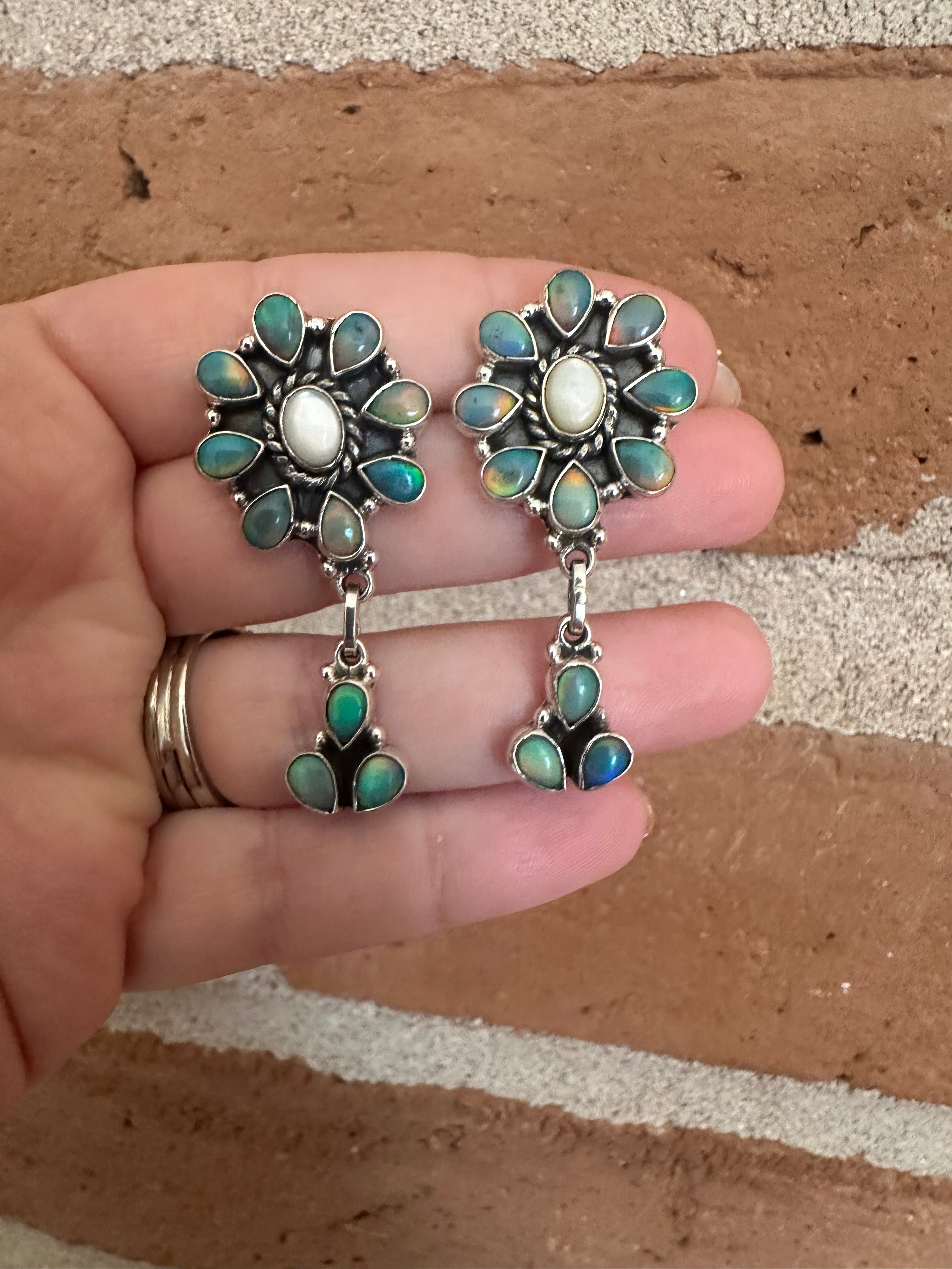 Handmade Sterling Silver, Mother of Pearl & Blue Opal Dangle Earrings