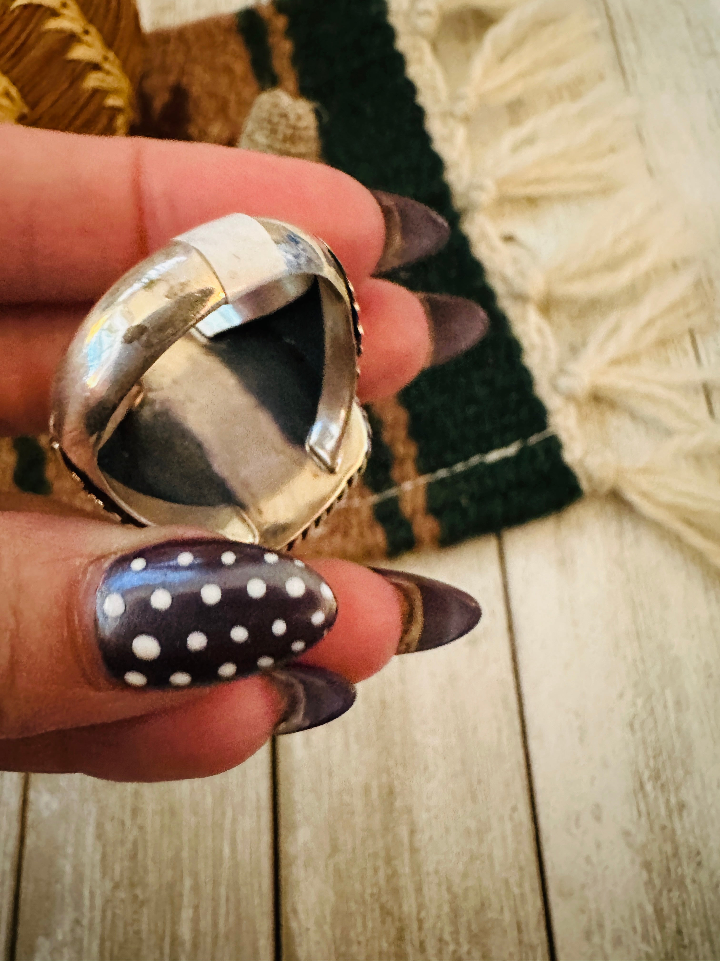 Old Pawn Handcrafted Turquoise & Sterling Silver Ring Size 13.75