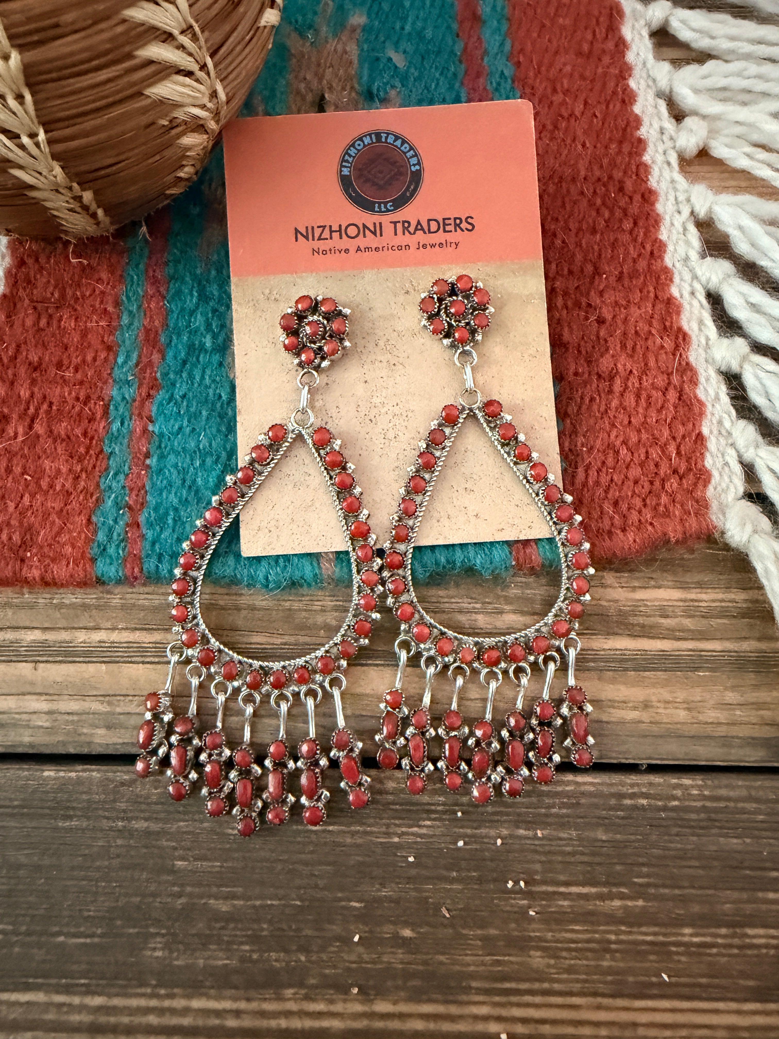 Handcrafted Coral & Sterling Silver Chandelier Dangle Earrings