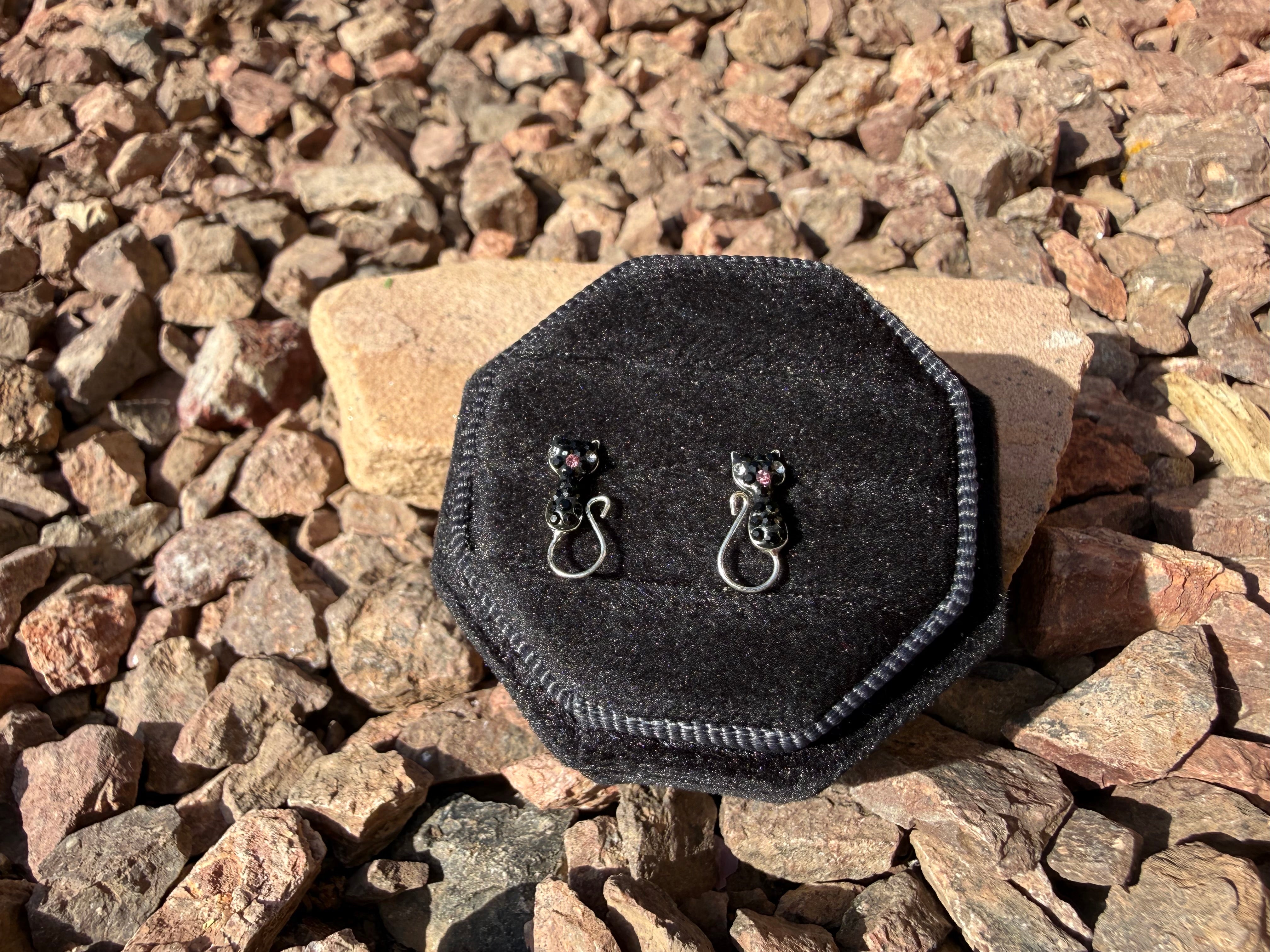 Black Cat CZ Sterling Silver Stud Earrings