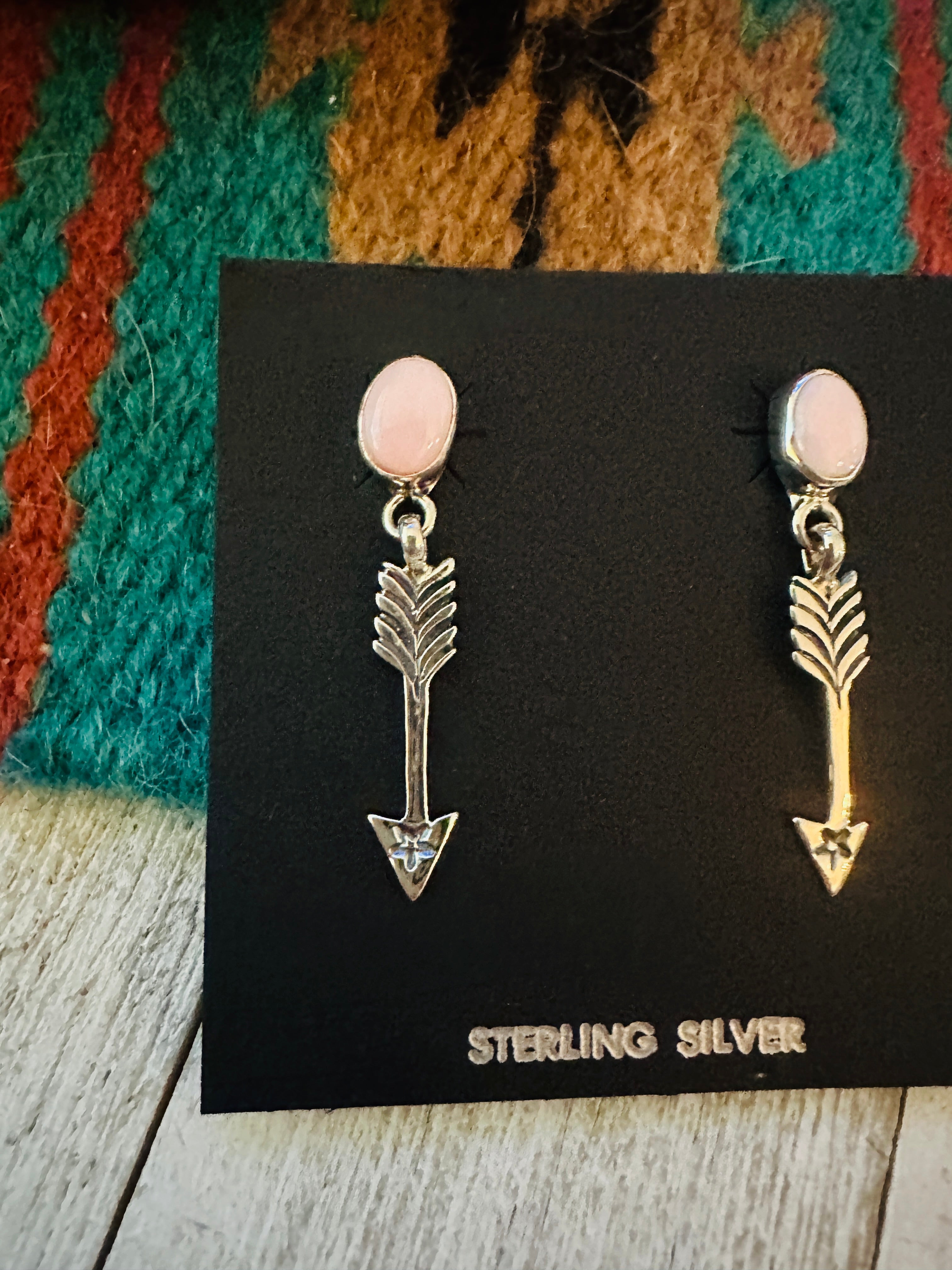 Navajo Queen Pink Conch & Sterling Silver Arrow Dangle Earrings