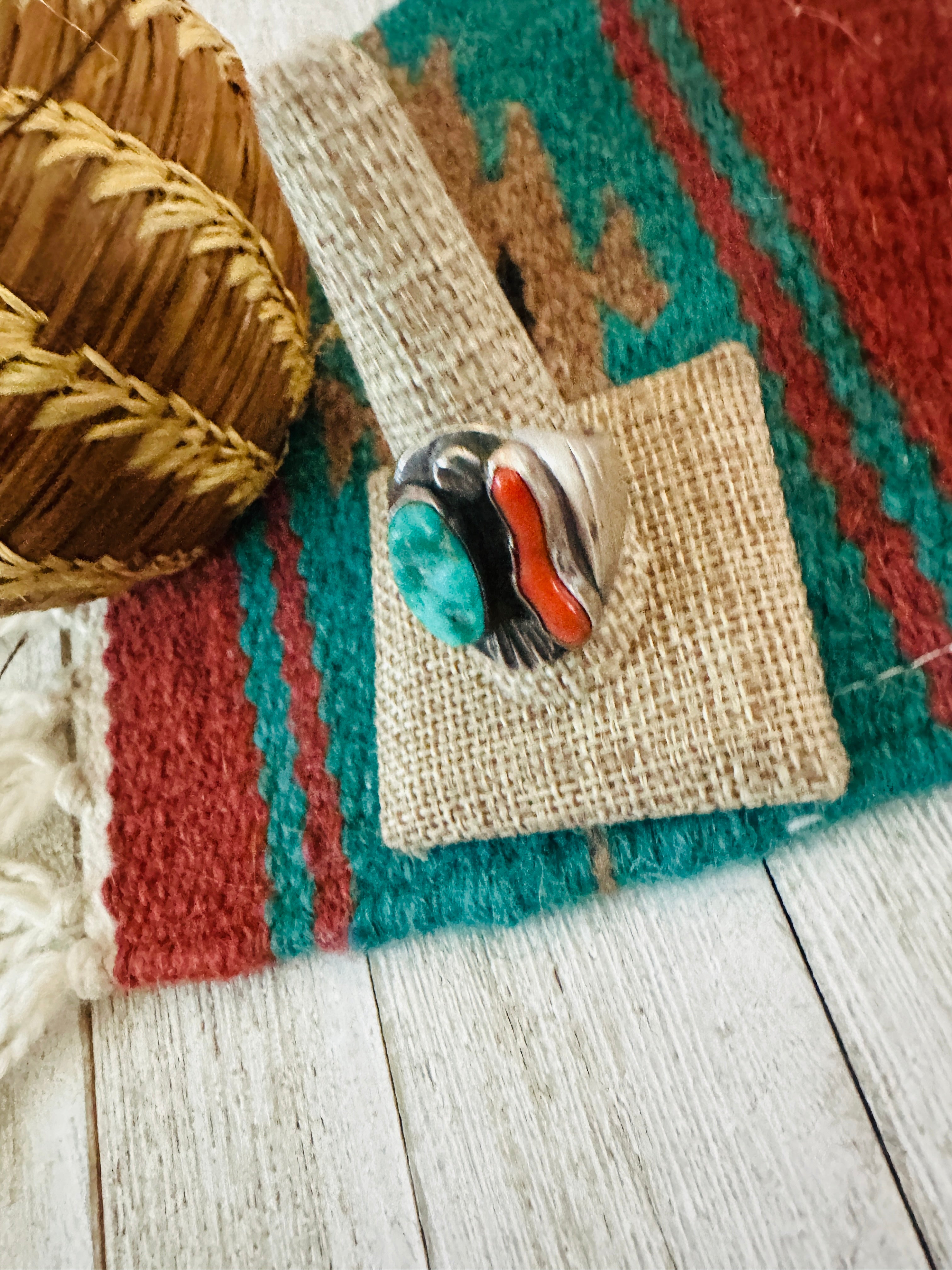 Handcrafted Old Pawn Sterling Silver, Turquoise & Coral Ring Size 11.75