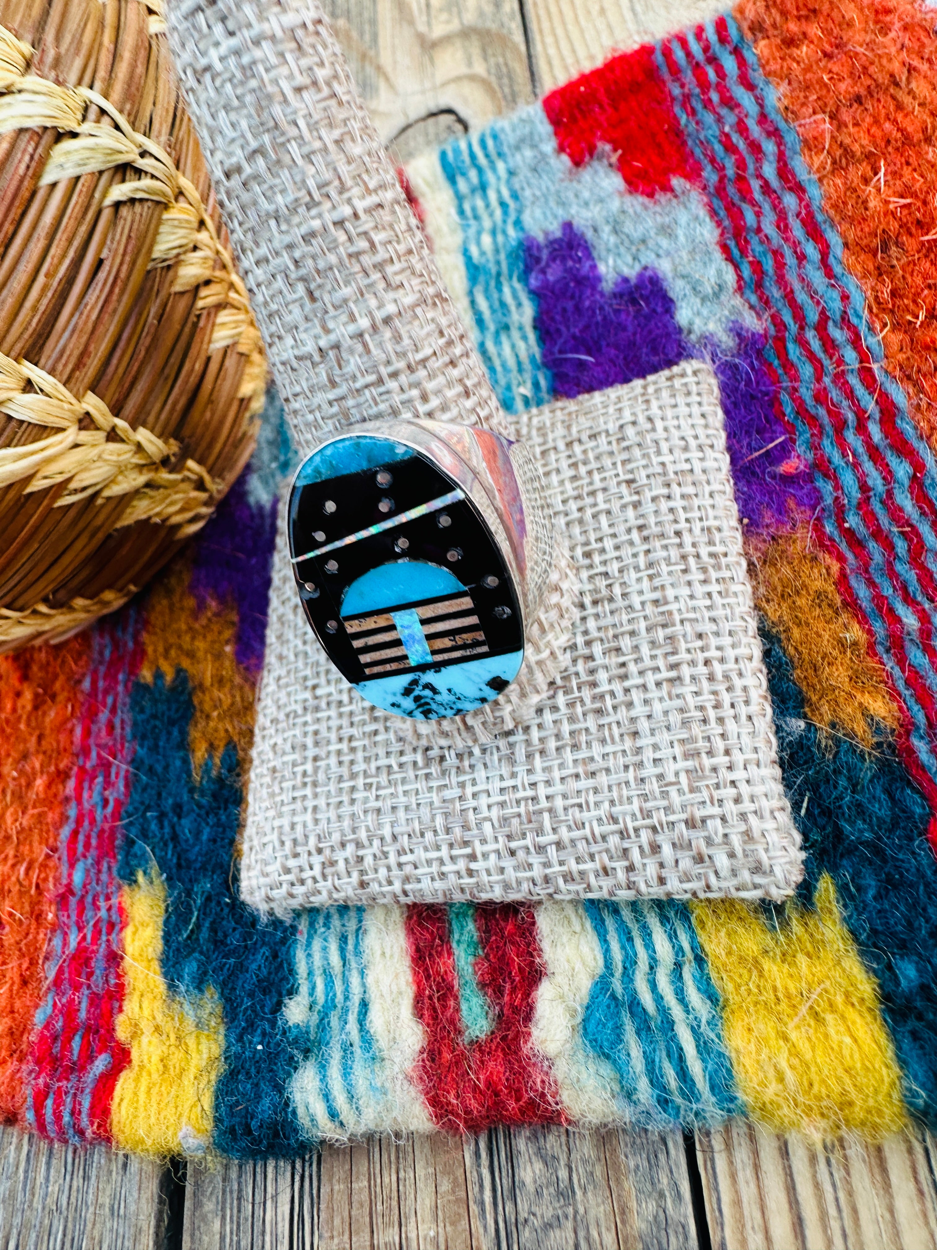 Handcrafted Multi Stone & Sterling Silver Inlay Ring Size 11 by Gilbert Smith