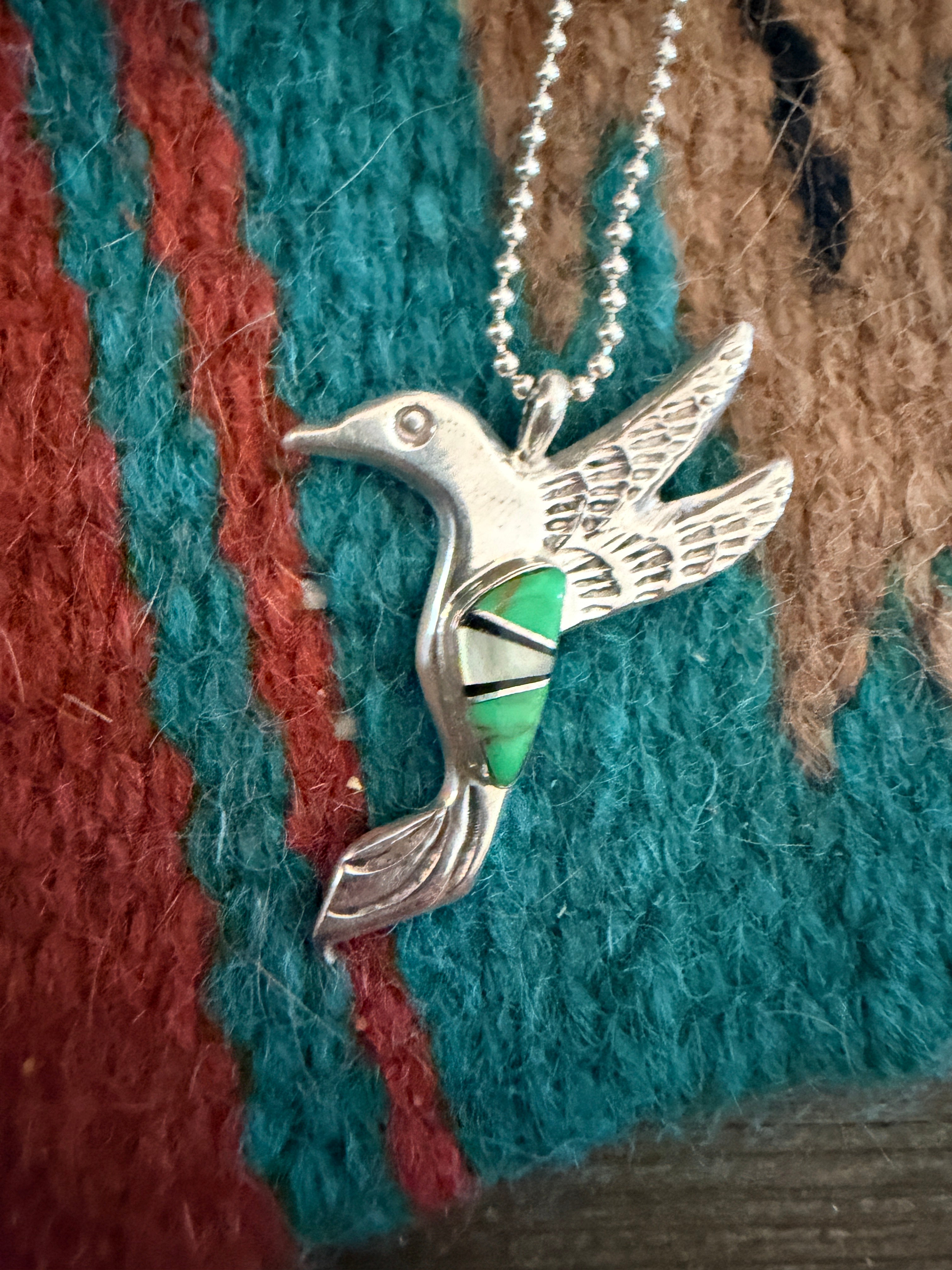 Handcrafted Sterling Silver and Multi Stone Inlay Hummingbird Pendant