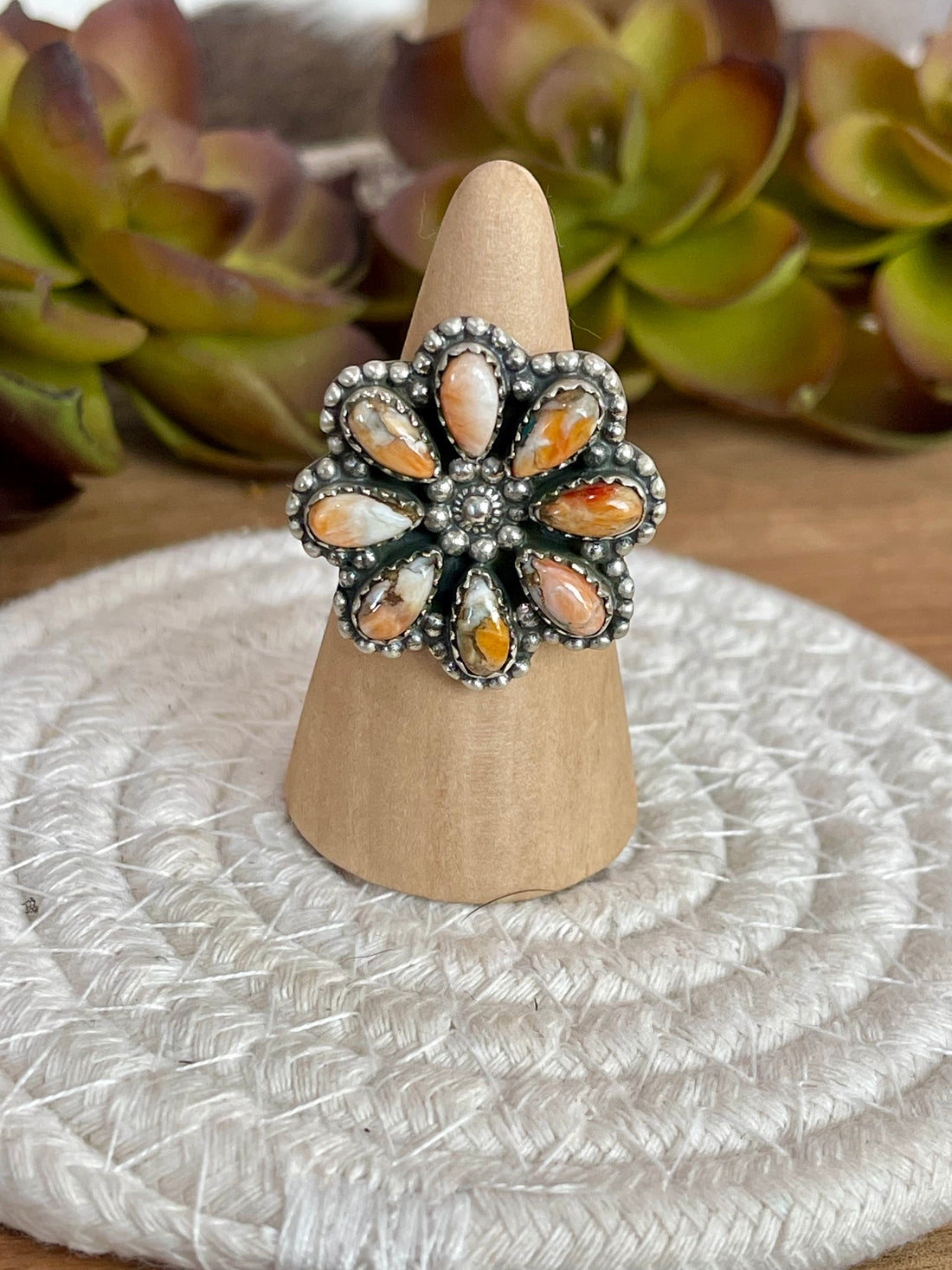 Beautiful Handmade Sterling Silver And Spice Flower Cluster Adjustable Ring