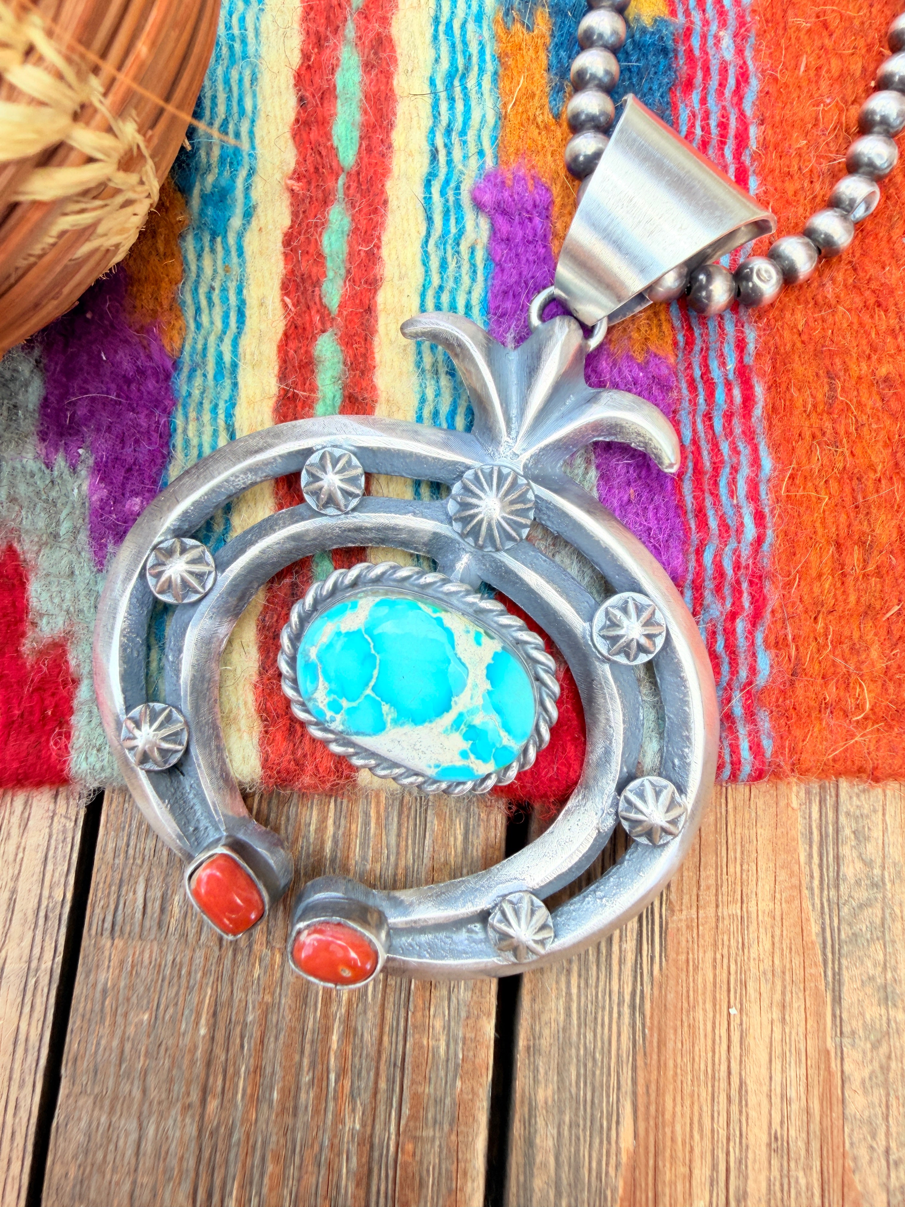 Handcrafted Sterling Silver, Turquoise & Coral Naja Pendant by Chimney Butte