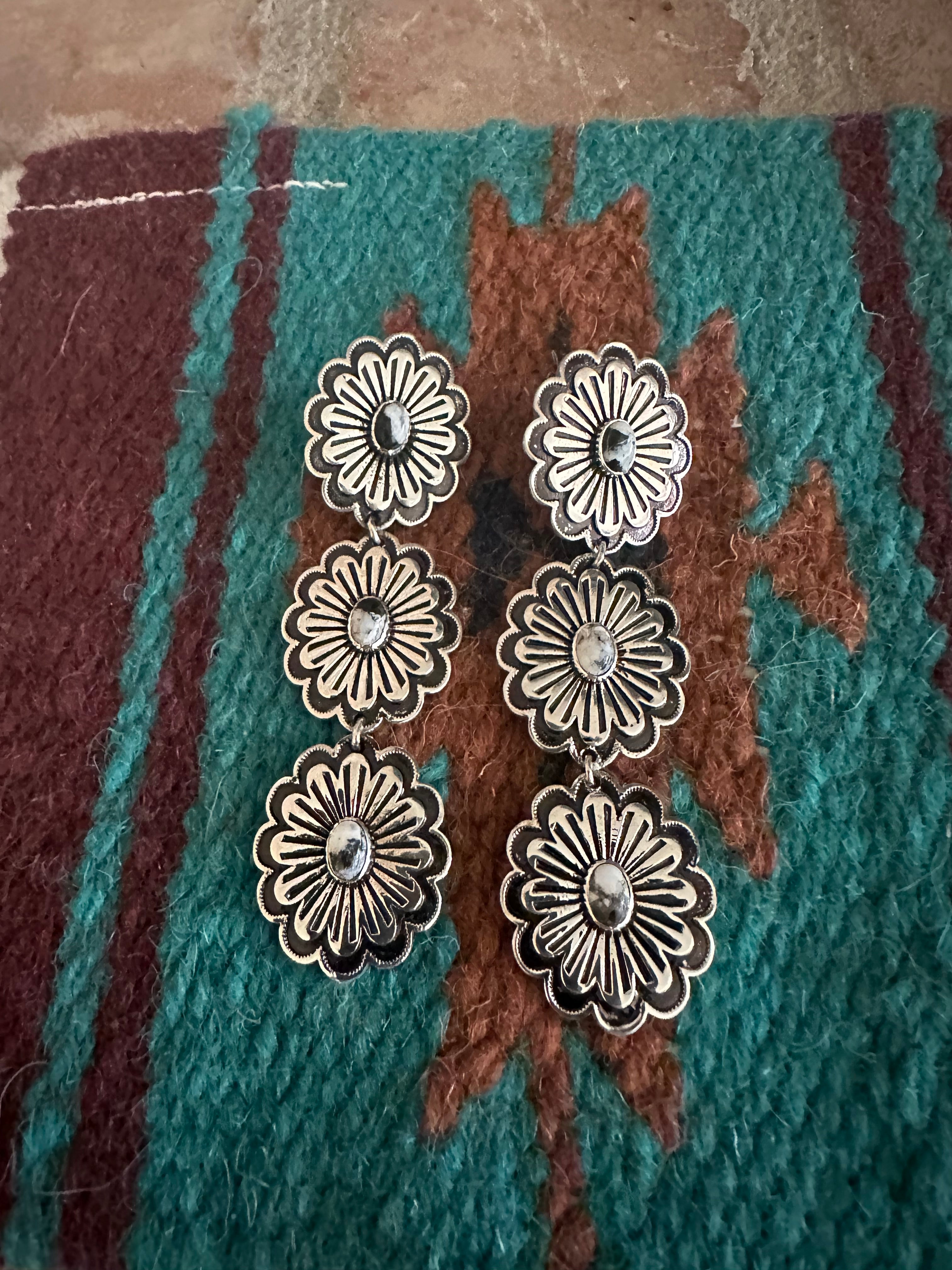 Handmade White Buffalo and Sterling Silver Concho Flower Dangle Earrings