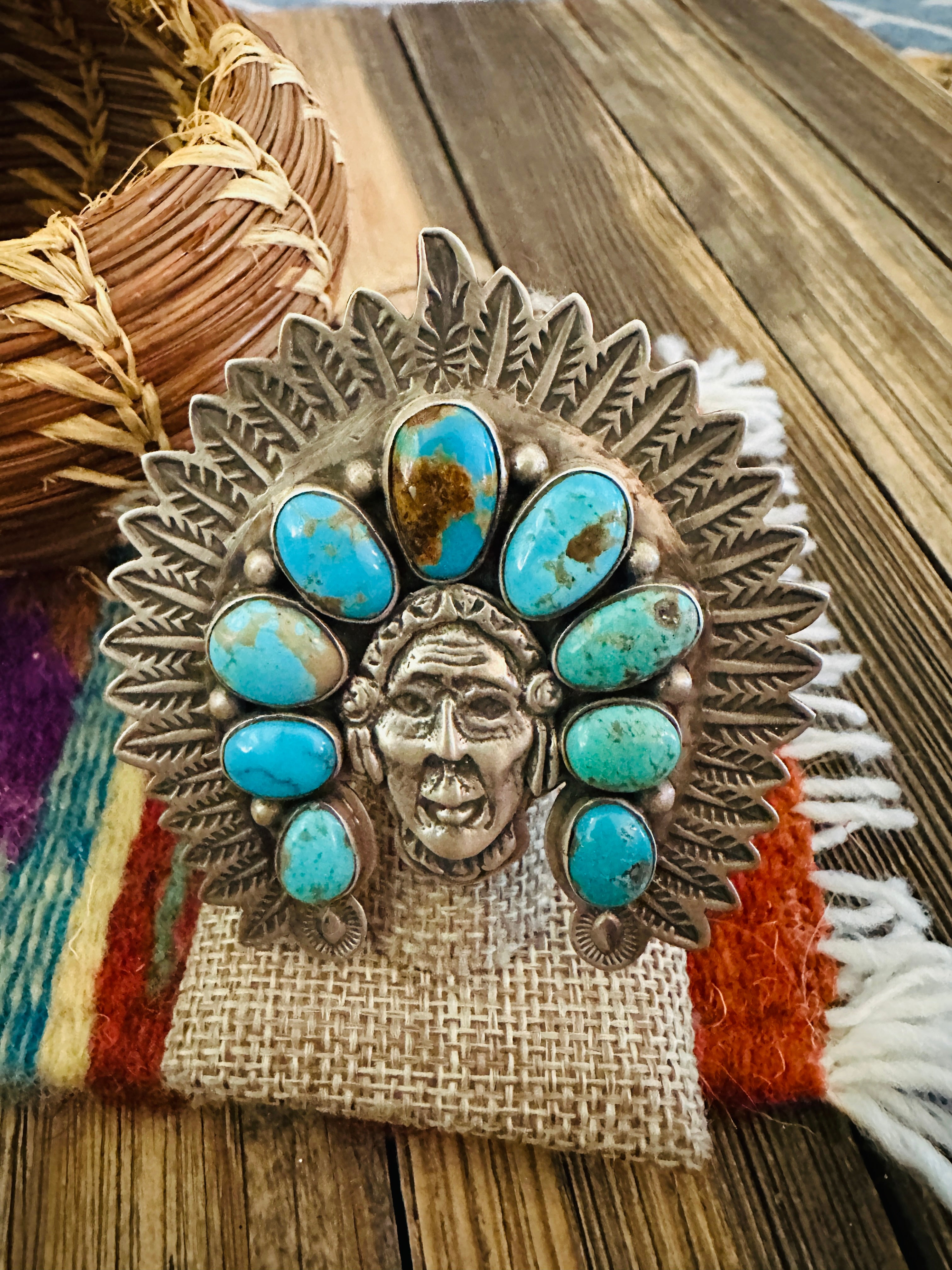 Handcrafted Turquoise & Sterling Silver Adjustable Indian Chief Ring by Charles Johnson