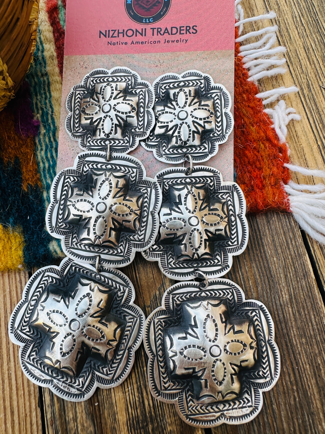 Handcrafted Sterling Silver Concho Cross Dangle Earrings by Leander Tahe