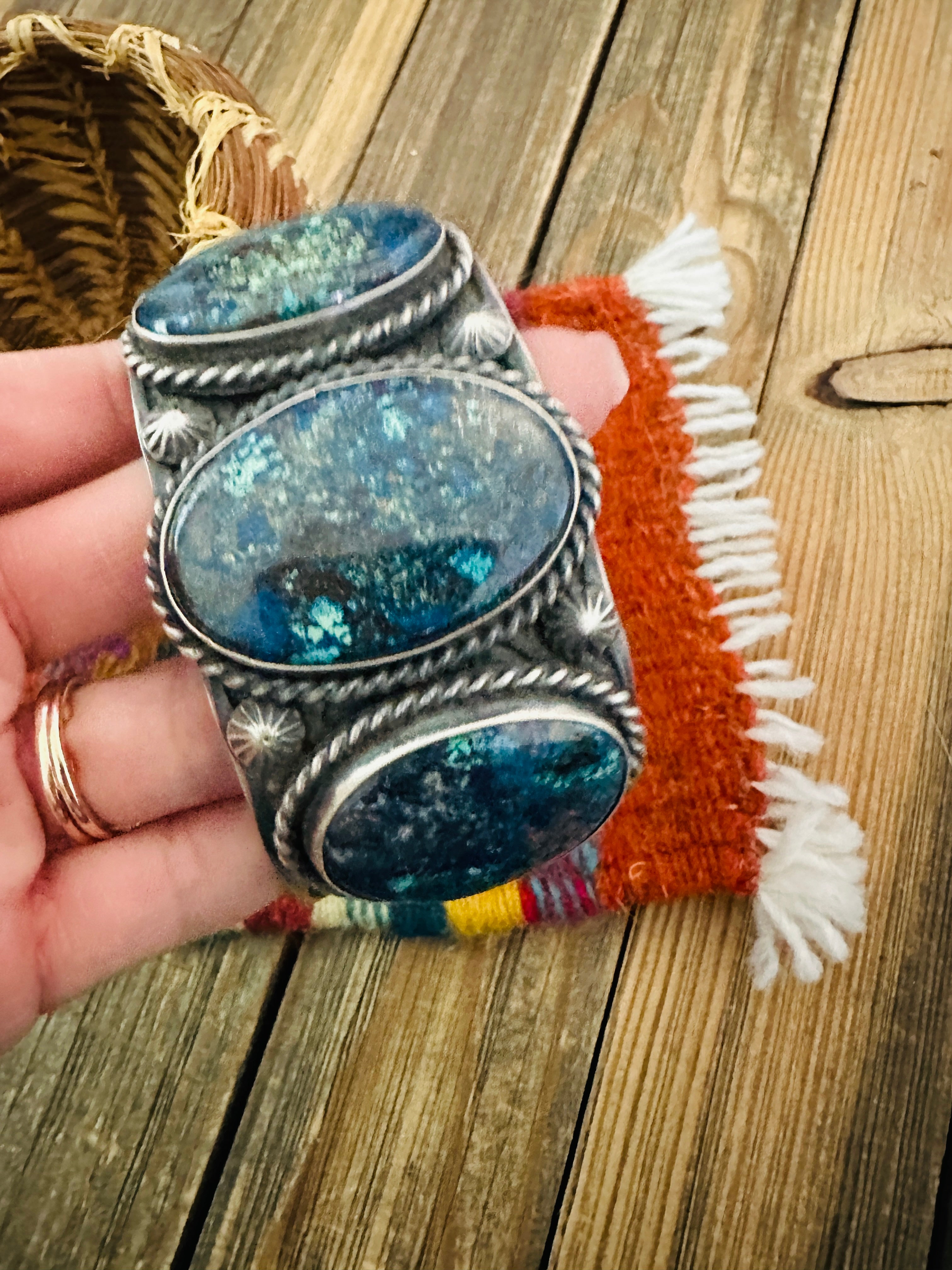 Handcrafted Sterling Silver & Azurite Chrysocolla Cuff Bracelet by Chimney Butte