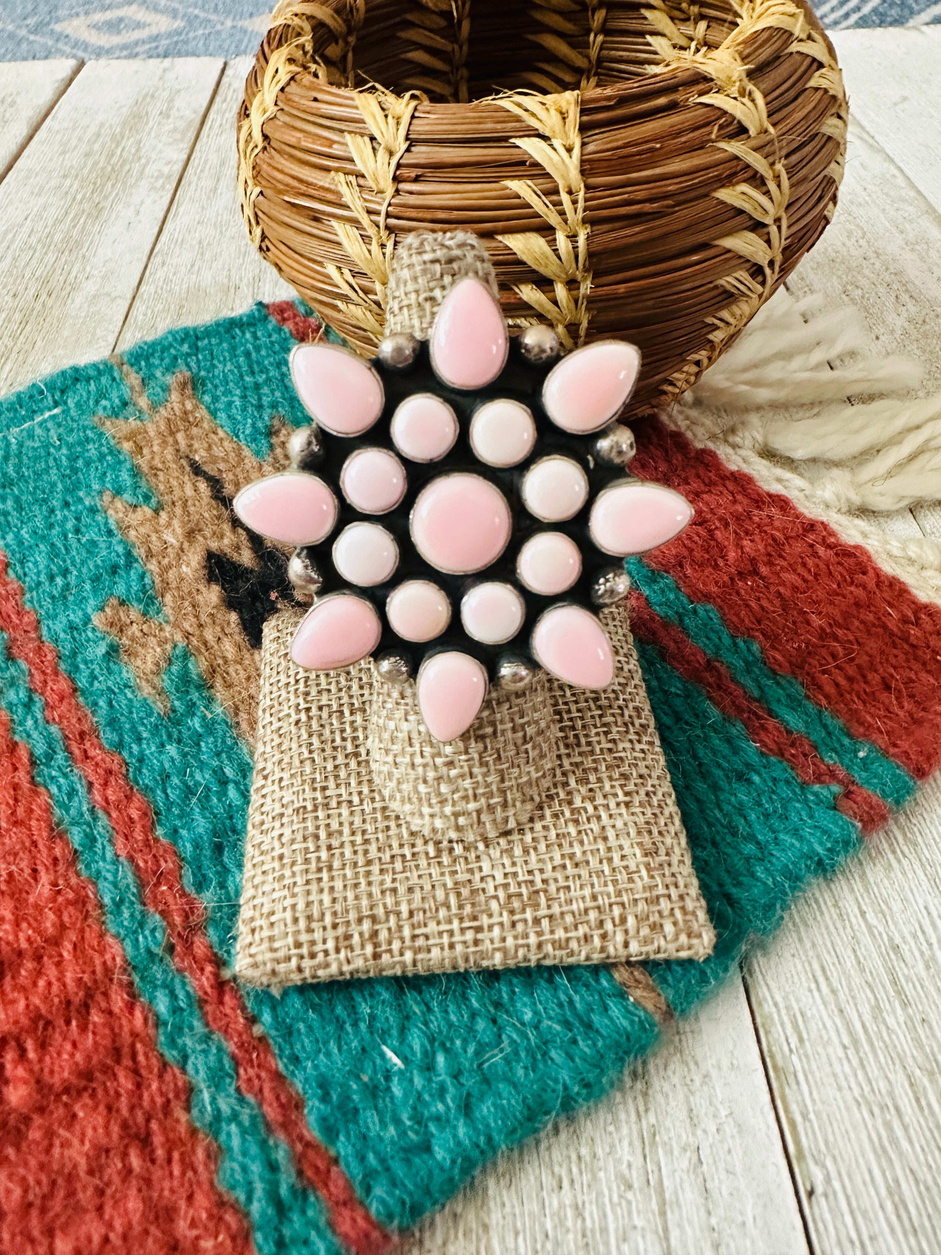 Handcrafted Sterling Silver & Queen Pink Conch Cluster Adjustable Ring