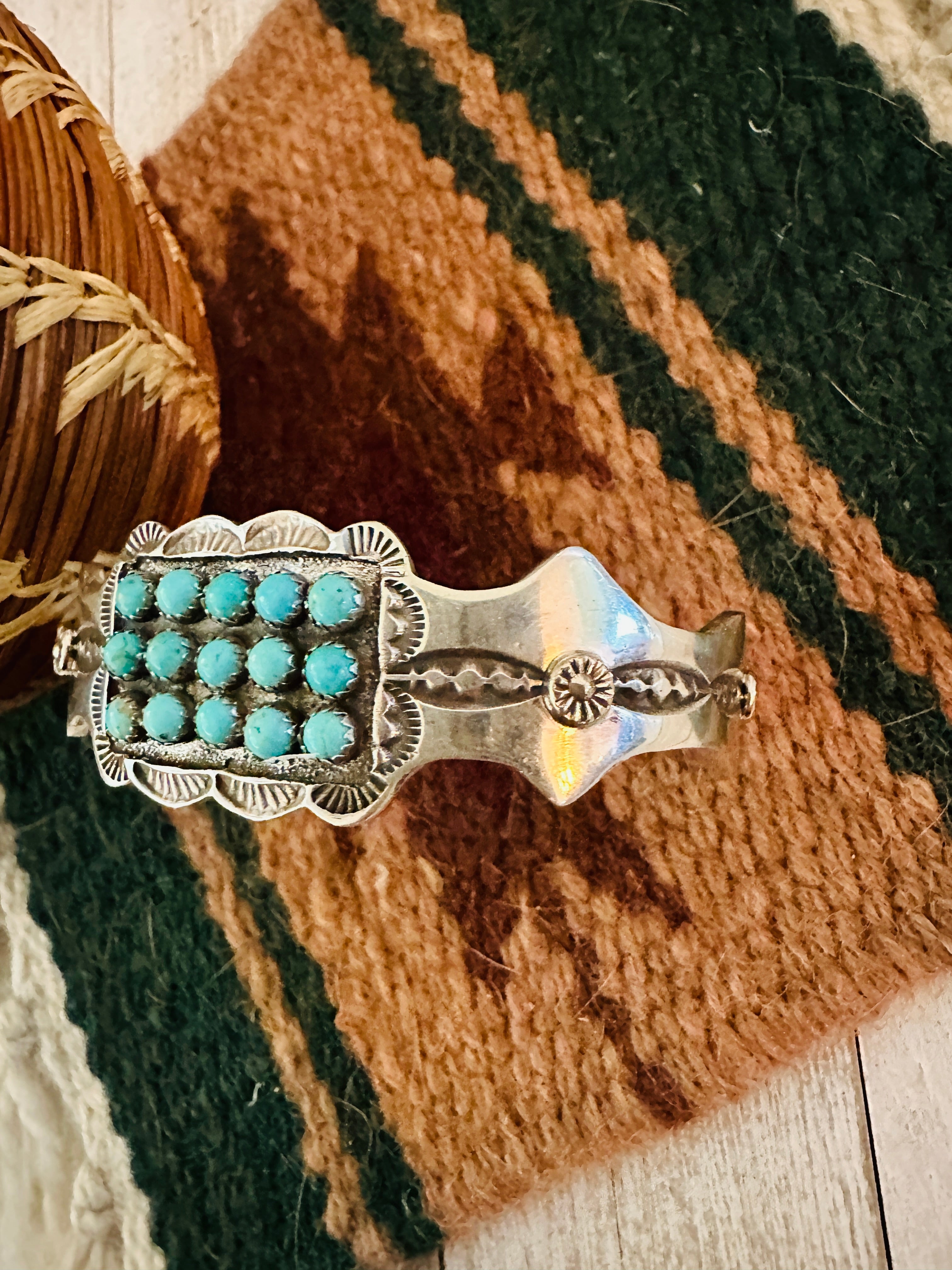 Navajo Turquoise & Sterling Silver Cluster Cuff Bracelet